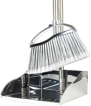 Stand Up Metal Dustpan & Stiff Bristle Broom SetHeavy Duty for Yard, Patio | No-bend stand up design / Heavy duty metal dustpan with teeth / 4-layer stiff Bristle broom / For outdoor floor sweeping