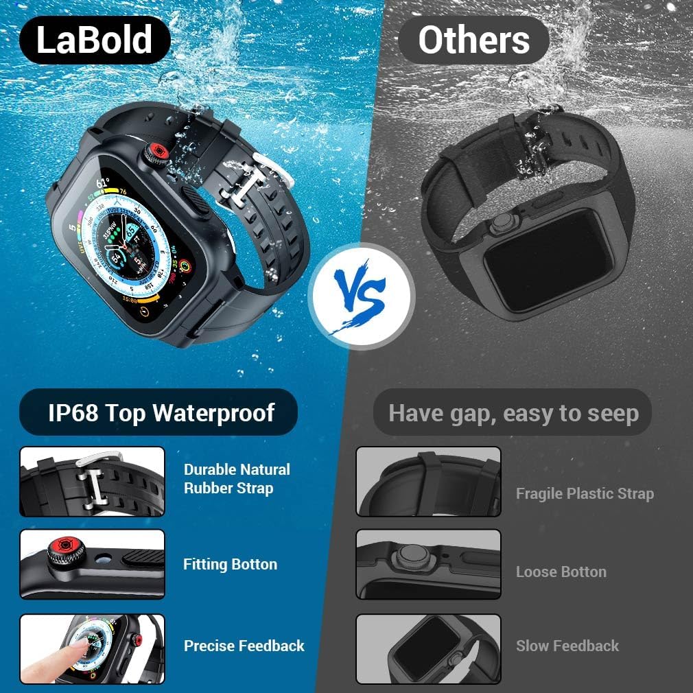 IP68 Waterproof Case with Band and Screen Protector Compatible for Apple Watch Series All, Heavy Duty Bumper Rugged Case Protective Cover Sport Strap Back Cover for iWatch Accessories, 44mm