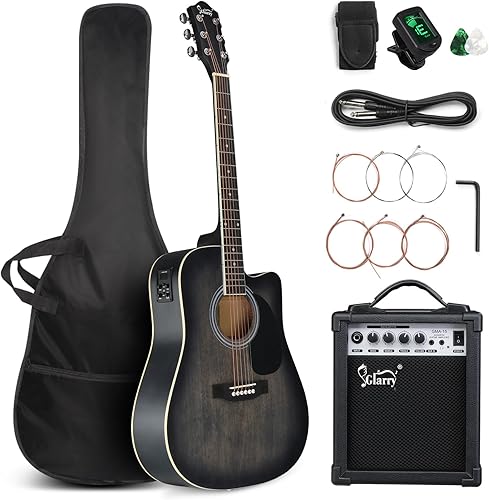 GLARRY Kit de guitarra eléctrica acústica de tamaño completo de 6 cuerdas con amplificador de 15 W, guitarra acústica eléctrica Cutaway de 41