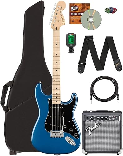 Fender Squier Affinity Stratocaster - Paquete azul Lake Placid con amplificador Frontman 10G, estuche, afinador, cable de instrumento, correa, púas