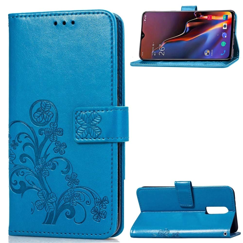 YZshell Lucky Clover Pressed Flowers Pattern Leather Case for OnePlus 6T, with Card Slots and Wallet (Black) (Colour: Blue)