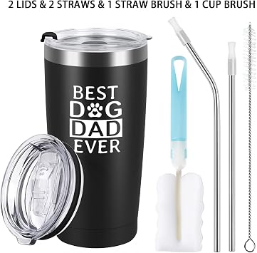 Qtencas Dad Gifts, Best Dog Dad Ever Stainless Steel Insulated Travel Tumbler, Fathers Day Gift for Dad to be New Dad Father Papa from Daughter Sons, Dog Dad Gifts, Dad Christmas Gifts(20oz, Black)