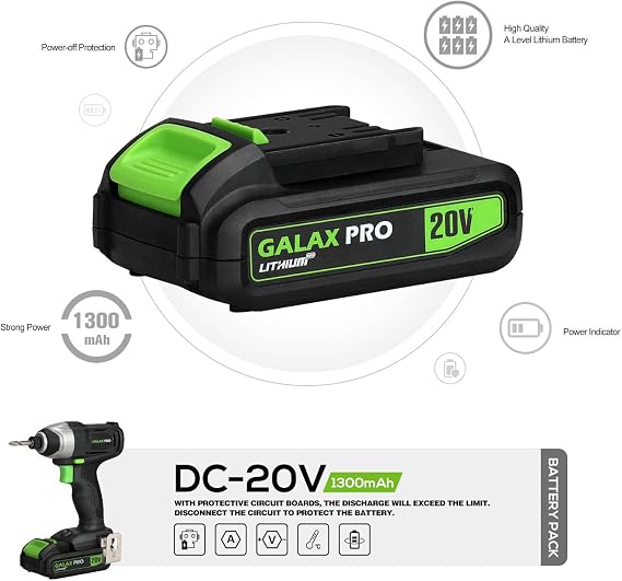 GALAX PRO Impact Driver 20 V Lithium Ion 1/4 Hex Cordless Driver with LED Work Light, 6 Pieces Screwdriver Bits, Variable Speed (0-2800 RPM)- 1.3 Ah Battery and Charger Included