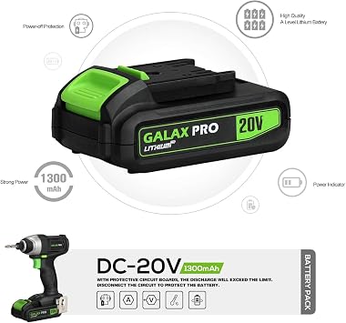 GALAX PRO Impact Driver 20 V Lithium Ion 1/4 Hex Cordless Driver with LED Work Light, 6 Pieces Screwdriver Bits, Variable Speed (0-2800 RPM)- 1.3 Ah Battery and Charger Included