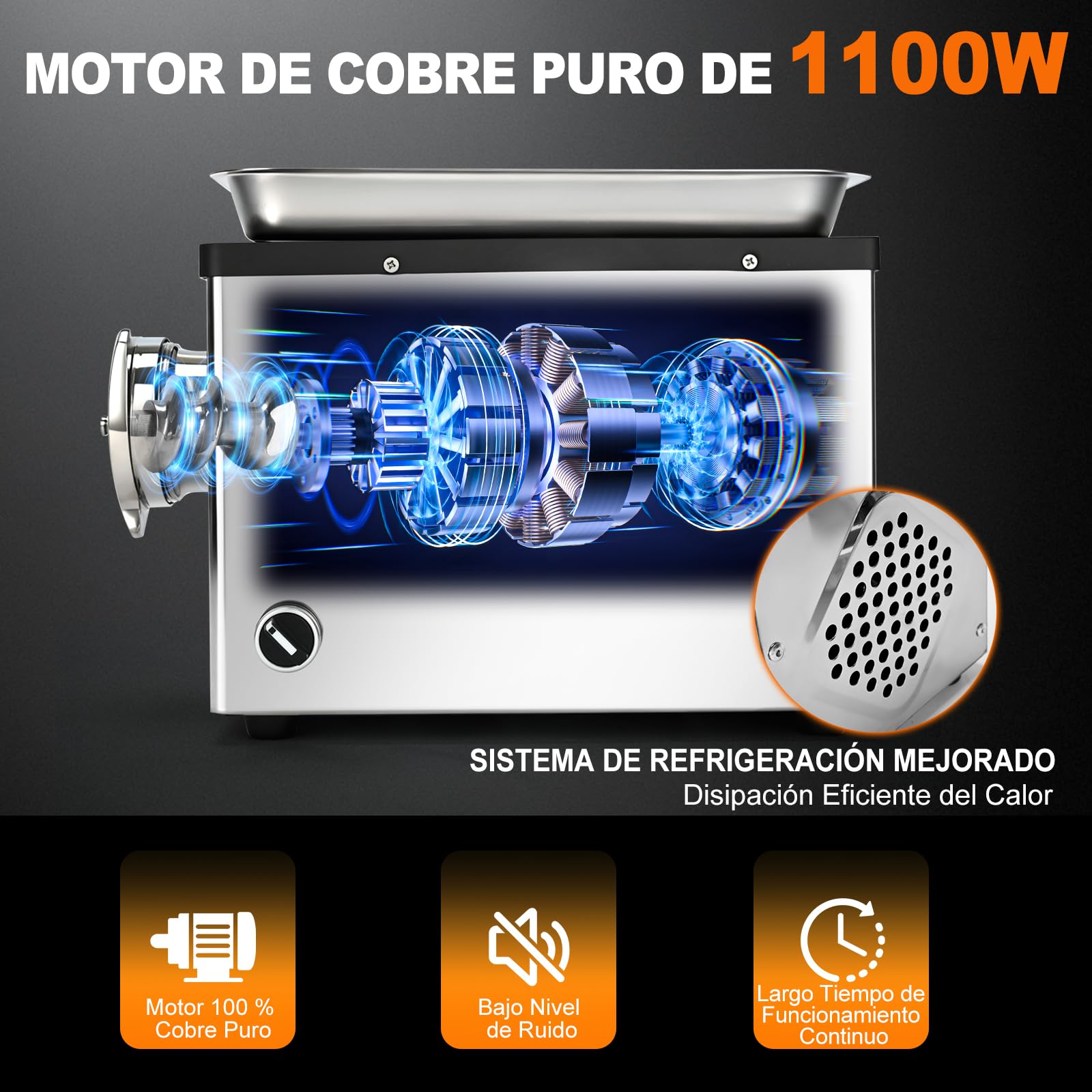 Anatole Picadora de Carne Eléctrica Comercial 1100W Acero Inox Integral | Triturador de Huesos, Apto para Lavavajillas, 4 Placas, 2 Cuchillas, 4 Embutidora de Salchichas, para Restaurante Casa, 220V