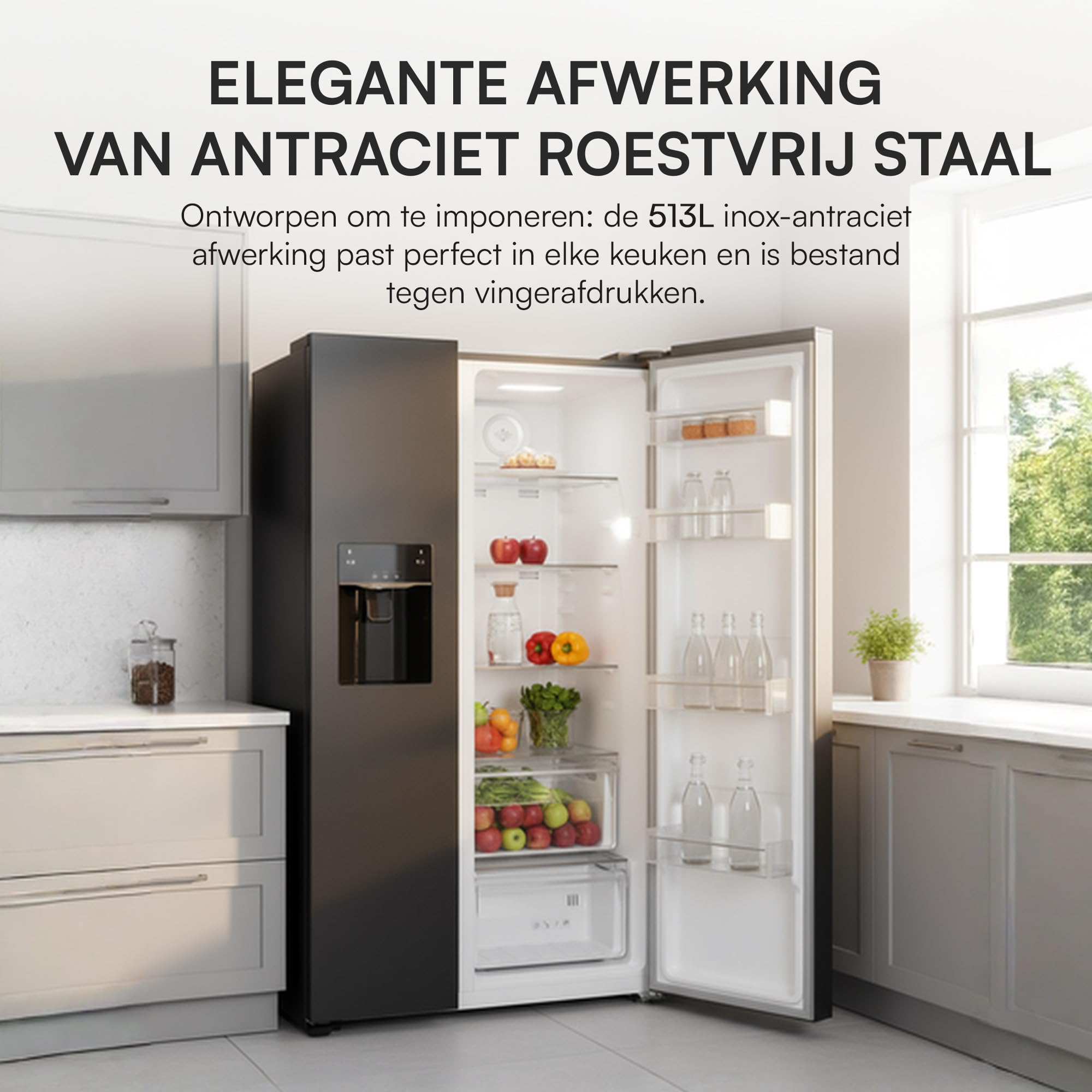 HSBS-HM513NFIMDXE++ Side-by-Side Kühlschrank – 513 l, kein Frost, Wasser- & Eisspender, Touch-Display, Energieklasse E – 5 Jahre Garantie