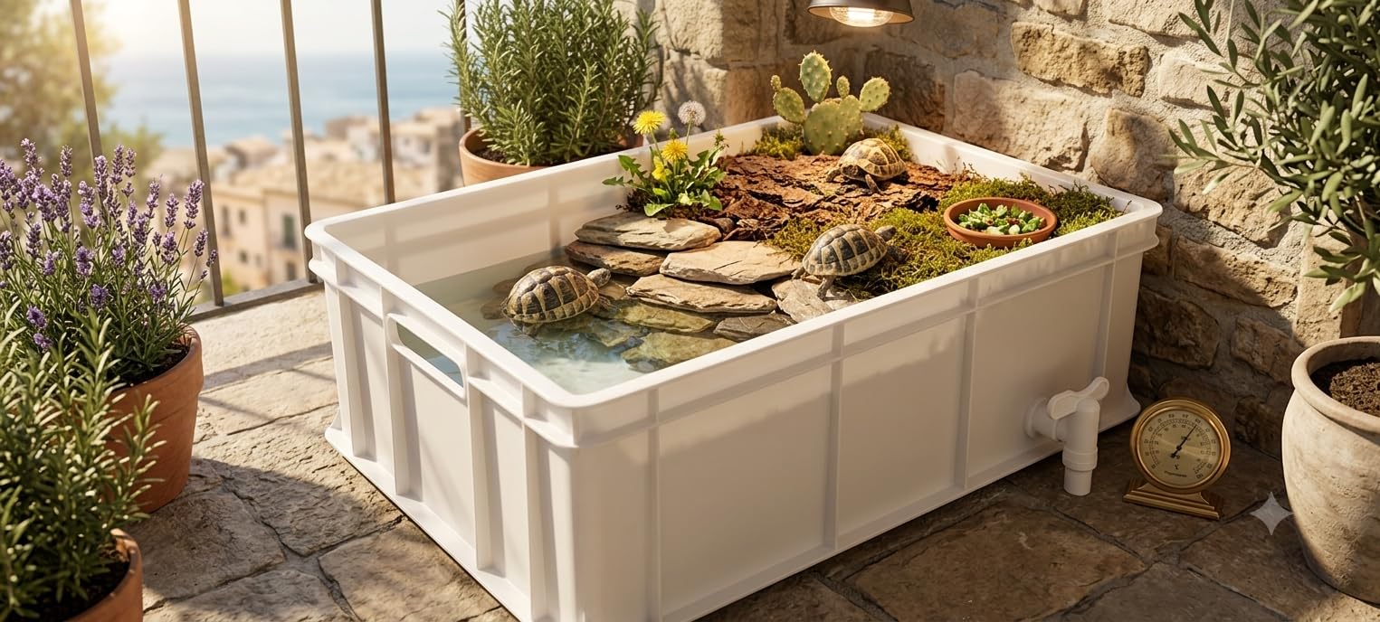 Terrario per tartarughe. Può contenere acqua facilmente drenata attraverso rubinetto esterno già installato. Dimensioni: cm 60 x 40 x h cm 24. Rettangolare. Materiale: plastica bianca