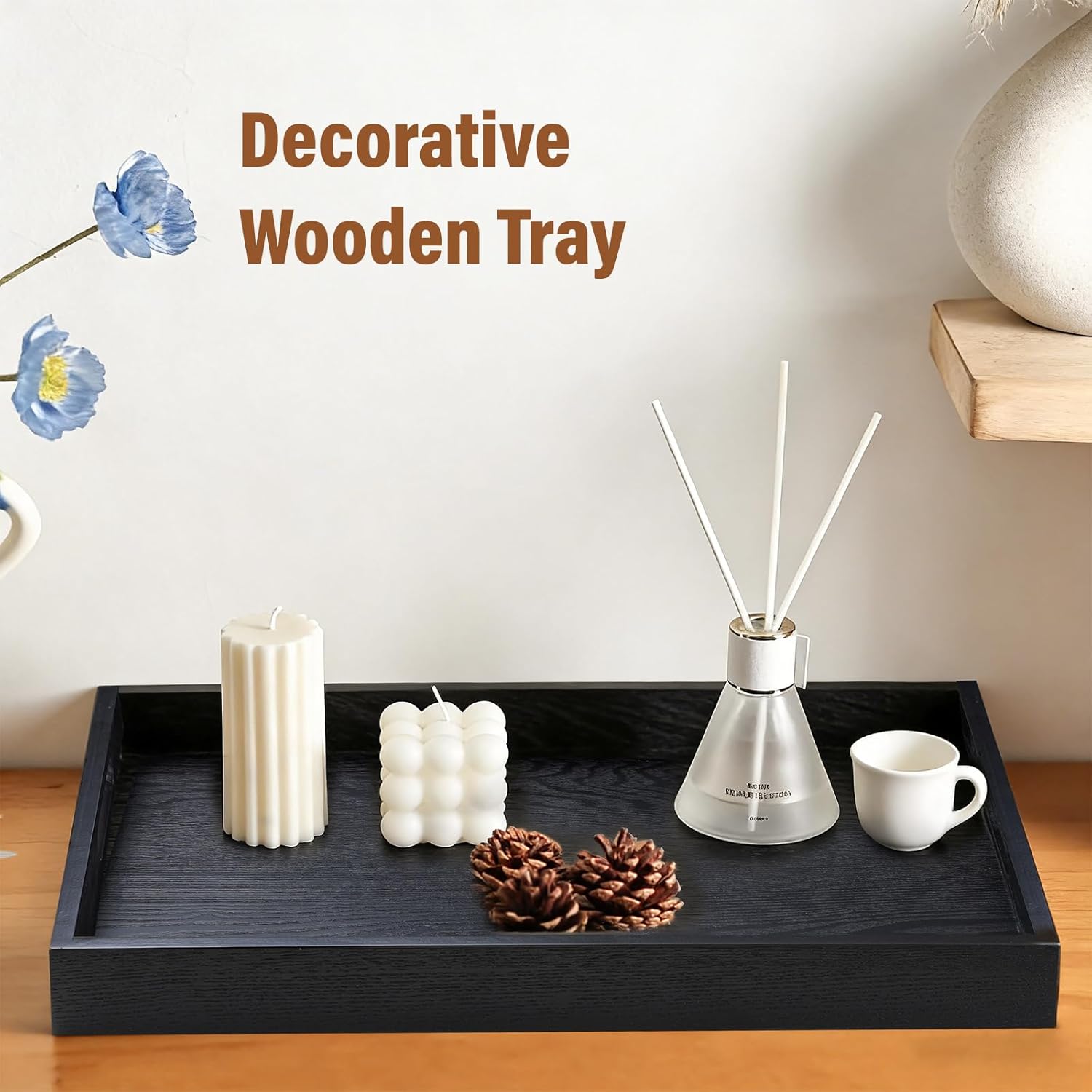 Wooden Serving Tray with Handles, 16.9 Inch Coffee Table Tray for Daily Use, Farmhouse Wood Tray for Breakfast, Lunch, Dinner, Home Kitchen Dining Tabletop Decor, Ottoman Decorative Tray, Black