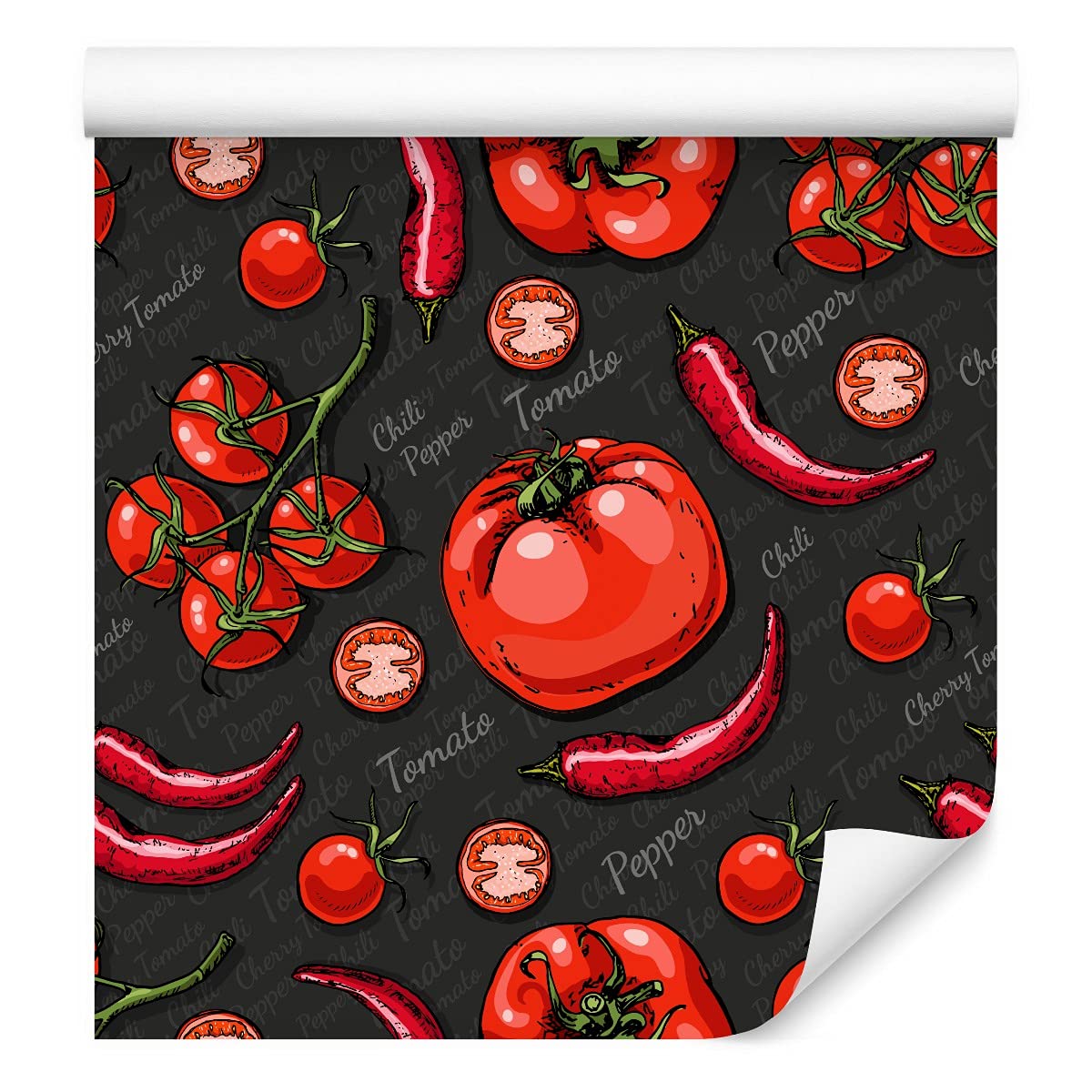 Muralo Tapeta 10 m, rolka flizeliny, jedzenie, warzywa, papryka, pomidory, napisy, tapeta z włókniny, 1000 x 53 cm, tapeta ścienna, do salonu, sypialni, nowoczesna dekoracja ścienna