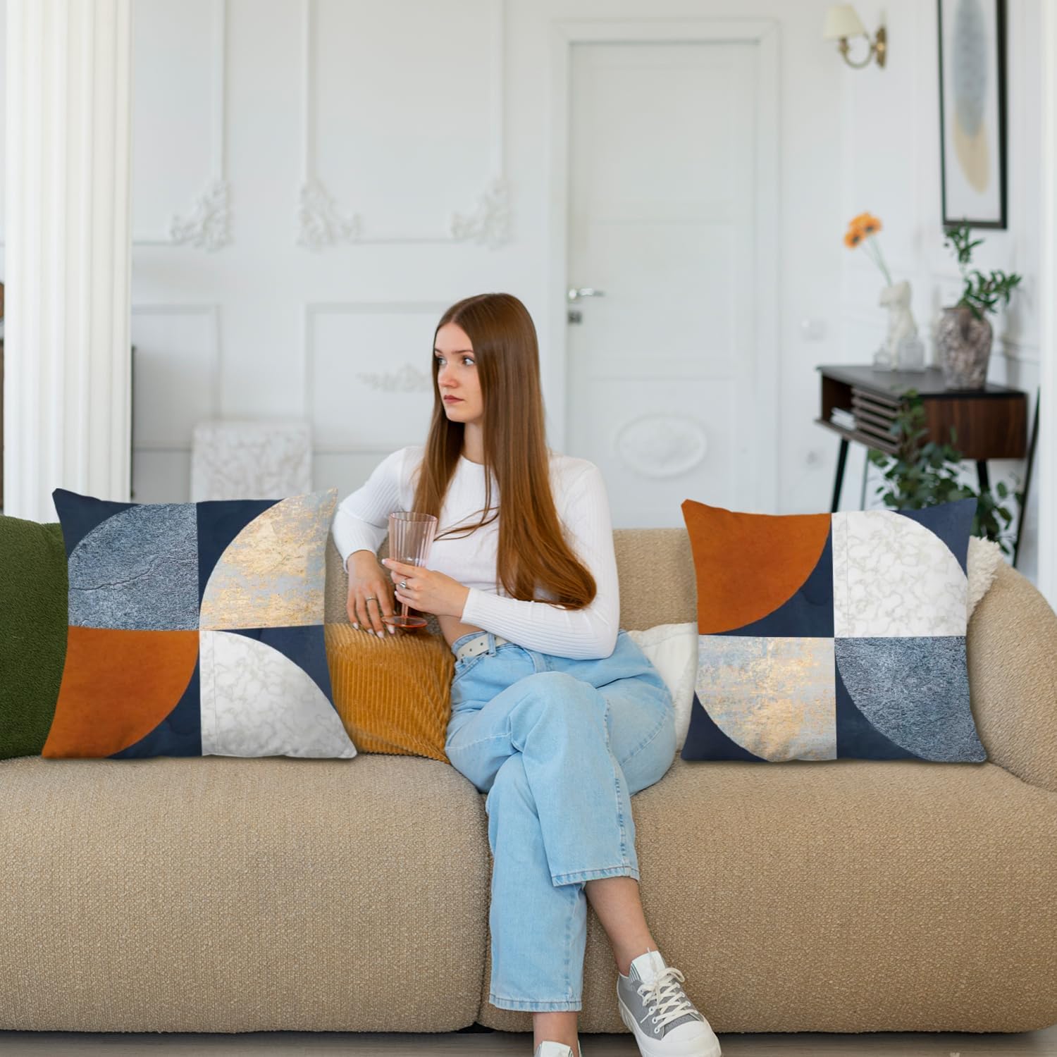 Boho Navy Blue Terracotta Gold Pillow Covers 18x18 Set of 2, Abstract Modern Terracotta Circles Decorative Pillow Covers for Bedroom Living Room, Textured Modern Home Decor, Boho Textured Room Decor - Image 3