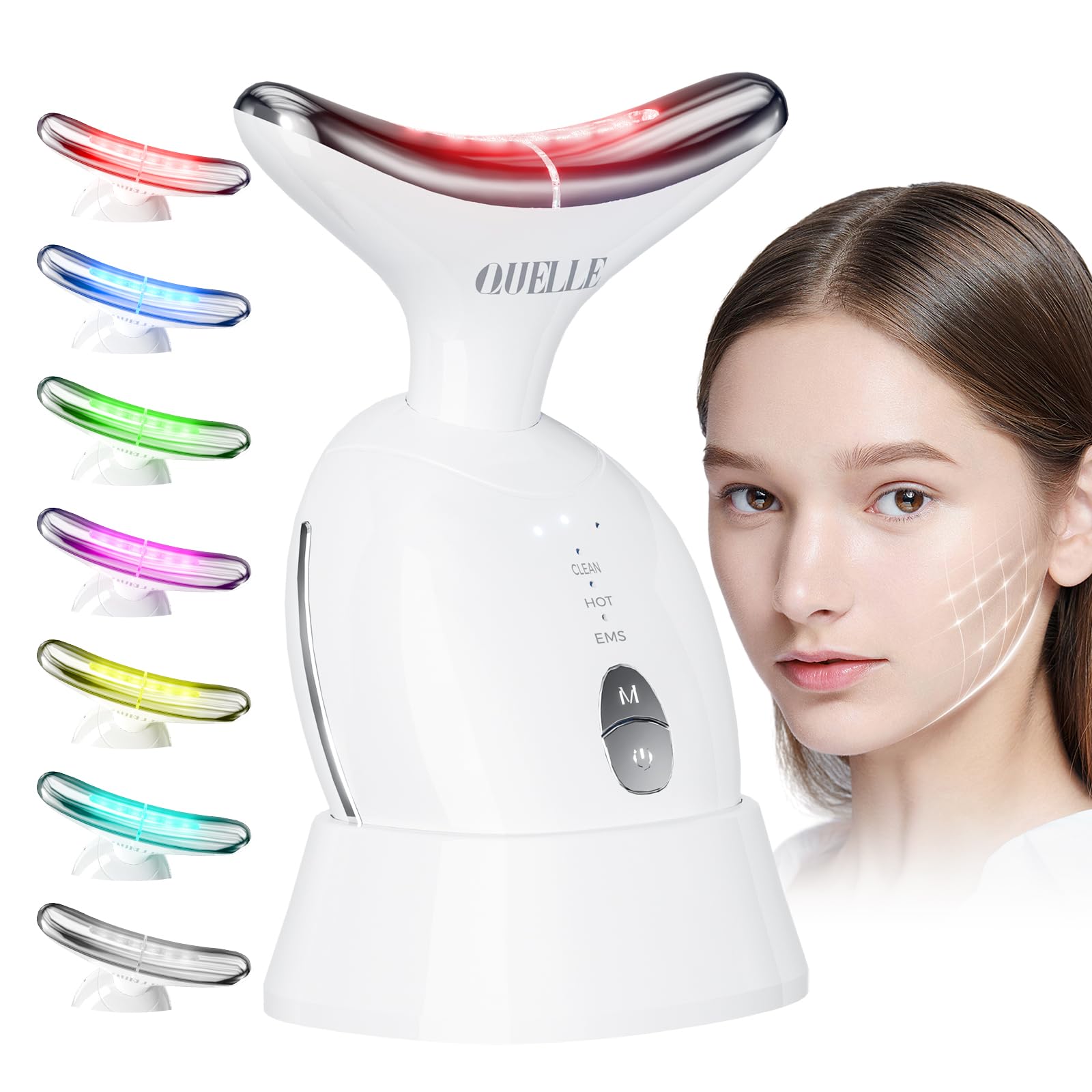 QUELLE Masajeador Facial Eléctrico, Masajeador Facial Antiarrugas con 3 Modos y 7 Colores LED,Terapia de Calor a 45℃,Microcorrientes Facial para Reafirmar Cara y Cuello
