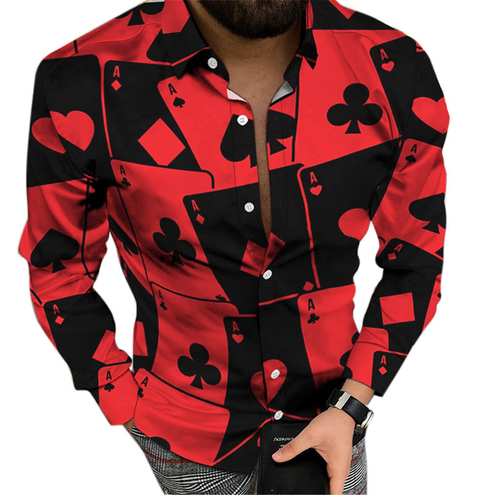 oneforus Men's Playing Cards Long-Sleeved Shirt Fashion Casual 3D Digital Printing Loose Lapel Long-Sleeved Shirt Shirt