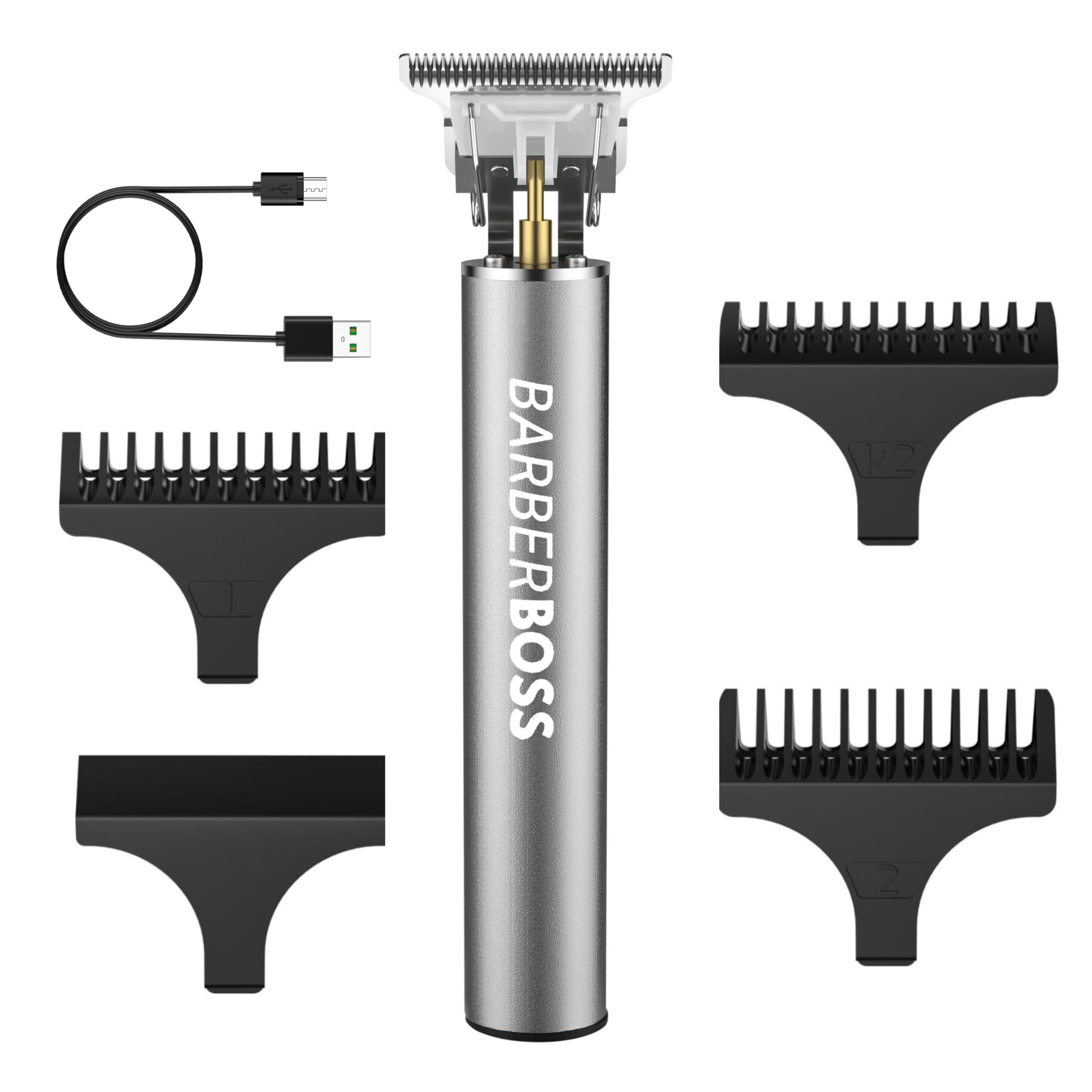 BarberBoss T-Blade Bart und Haarschneider für Männer, kabelloser Präzisionsschneider, wiederaufladbarer Trimmer mit 3 Aufsteckkämmen, Präzisionspflege für Bart, Koteletten und Nackenpartie, Silbergrau
