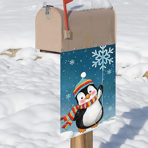 Miniatura 7 de Bandera de jardín de Navidad de bienvenida de pingüinos de invierno, 12 x 18 pulgadas, de arpillera de doble cara, bufandas de copos de nieve,