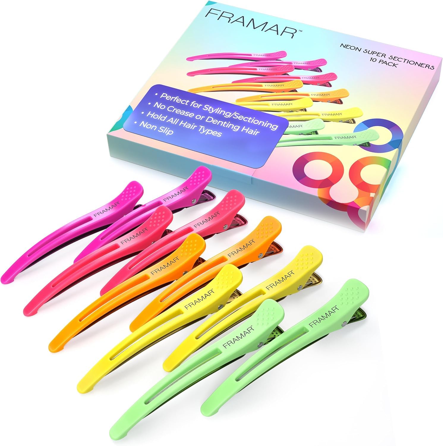 FRAMAR Neon Sectioning Hair Clips – Clips For Hair, Hair Clips For Styling, Hair Sectioning Clips, Creaseless Hair Clips For Women, No Crease Hair Clips For Girls - 10 Pack
