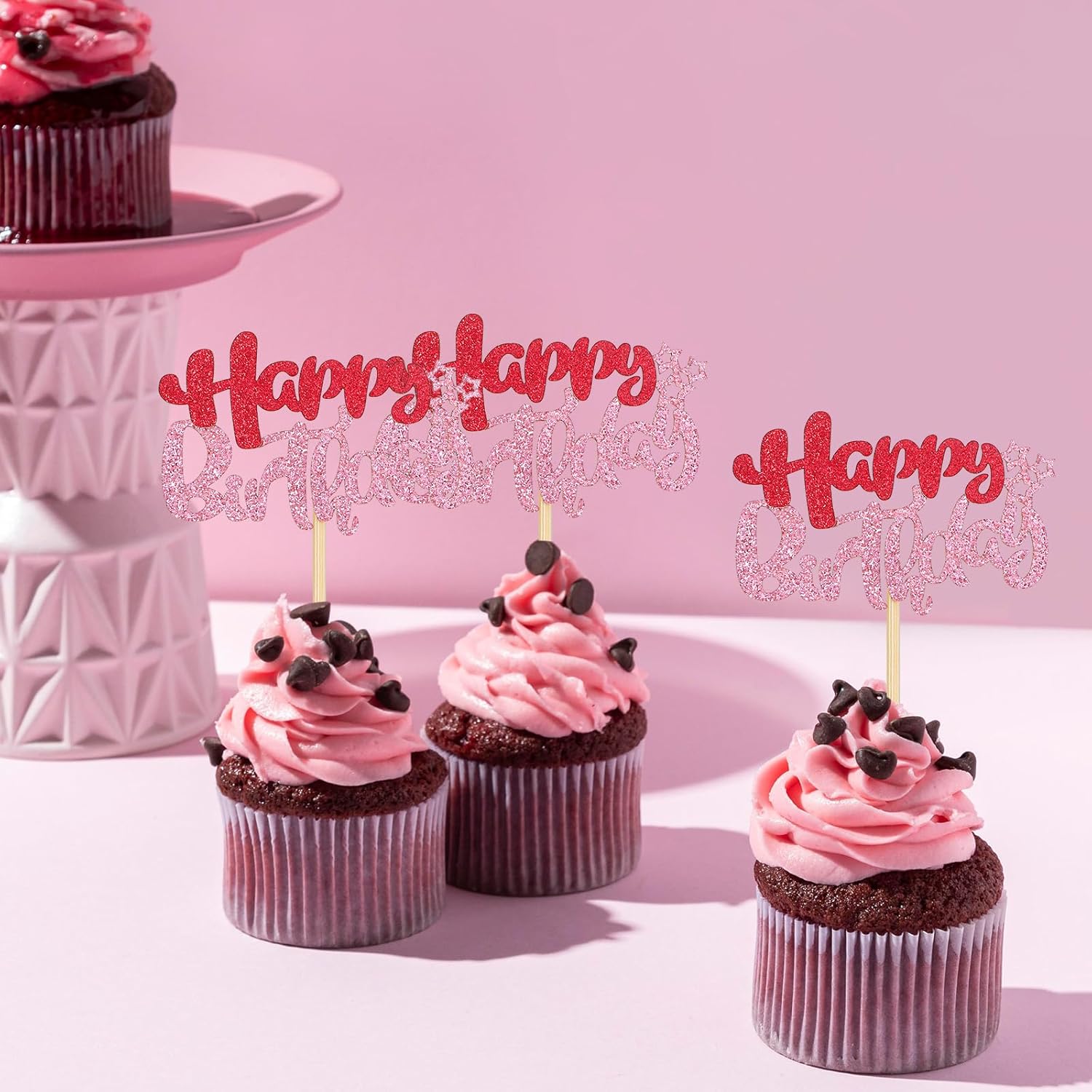 24PCS Happy Birthday Cupcake Toppers, Glitter Happy Birthday Cupcake Picks Cake Topper Decorations for Women Celebrating Birth Day Party Baby Shower Cake Decorations Supplies (Pink)
