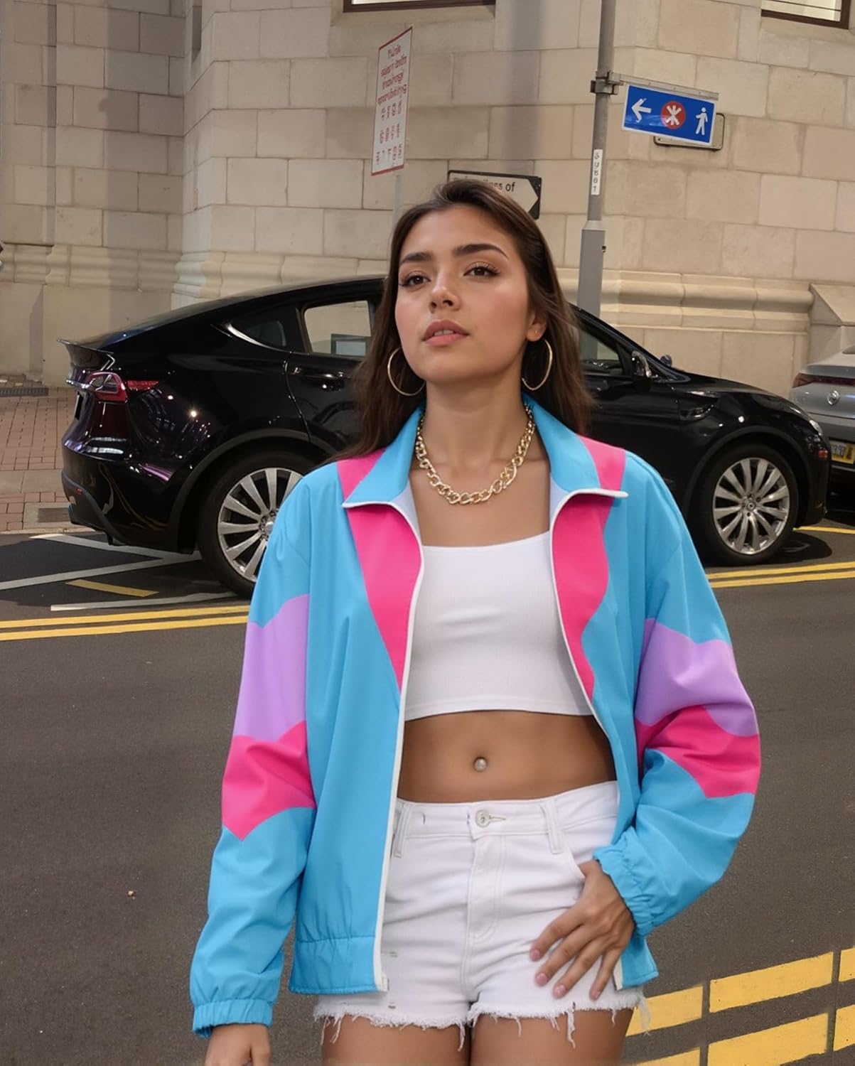 UOUA 80s Windbreaker Jacket for Women Retro Color Block Wind Breaker Long Sleeve Reversible Casual Coat - Image 2