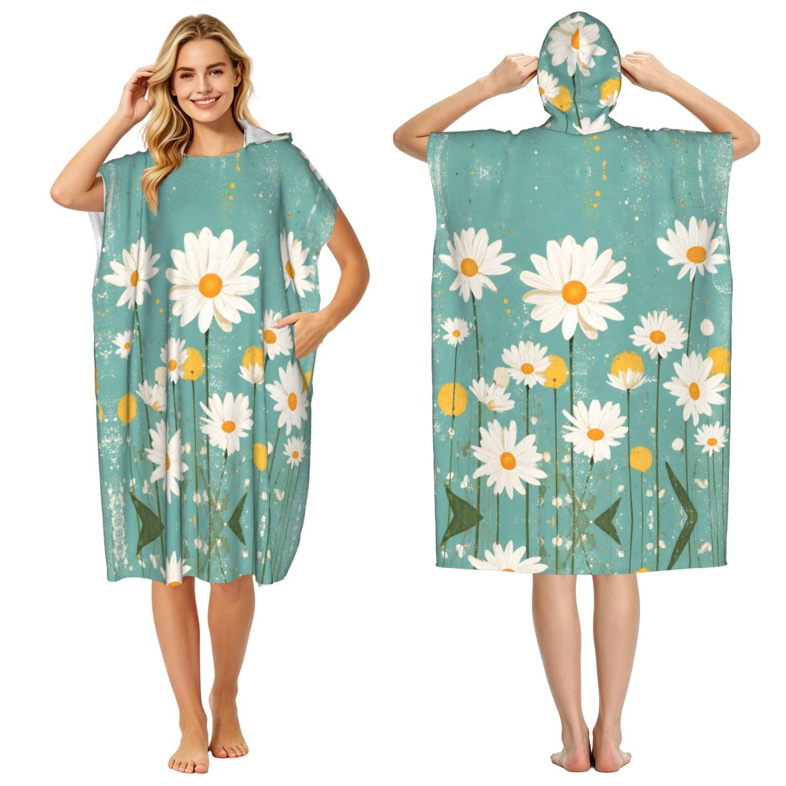 EZDLOWVBA Retro Daisy Print Hooded Poncho Microfiber Beach Towel,Adult Women & Men Changing Robe,Lightweight Summer Surf Swim Bath Poncho Towel