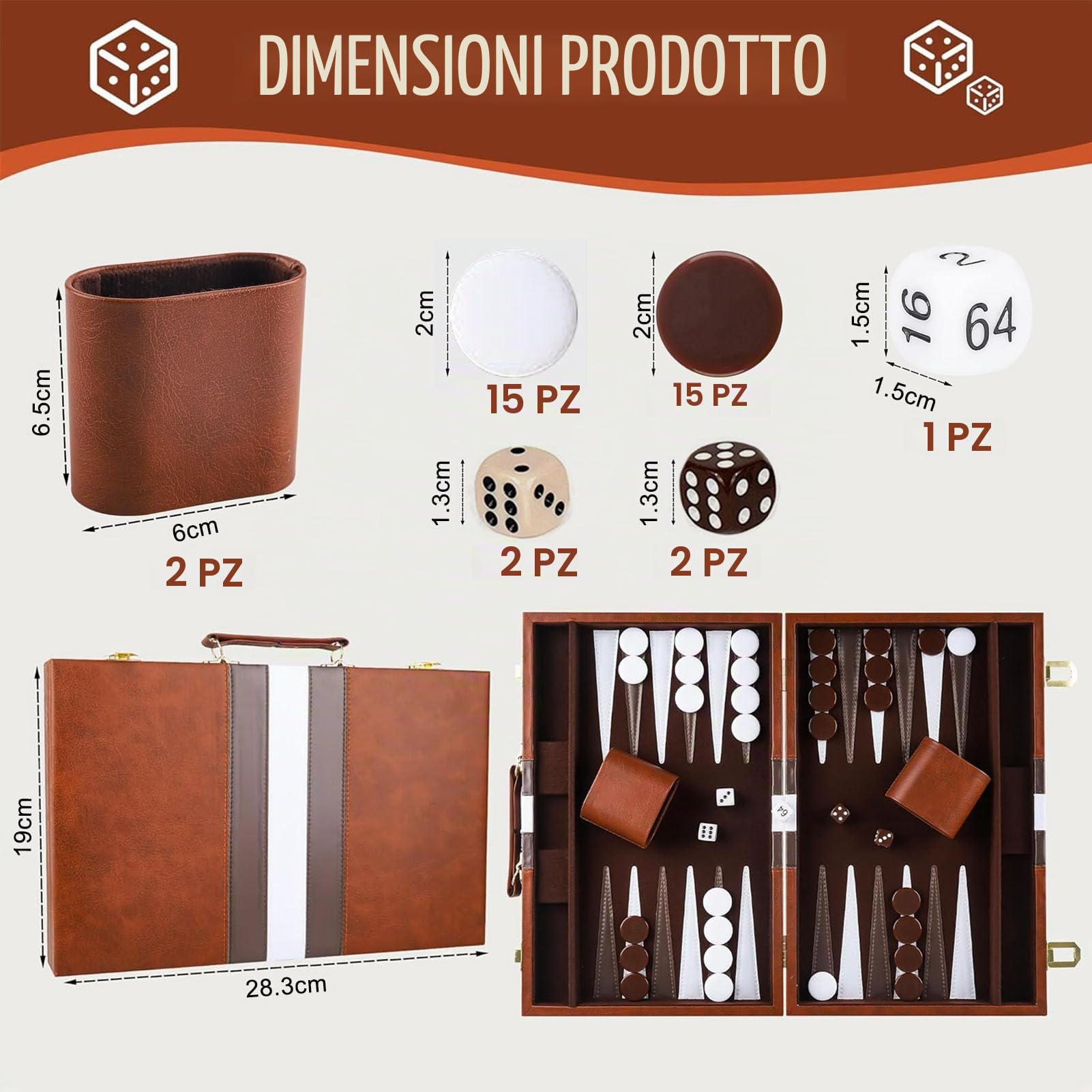 Scatola di backgammon in legno, set di backgammon da viaggio classico per 2 giocatori con custodia in pelle di alta qualità e tazza per dadi per campeggiatori e viaggiatori