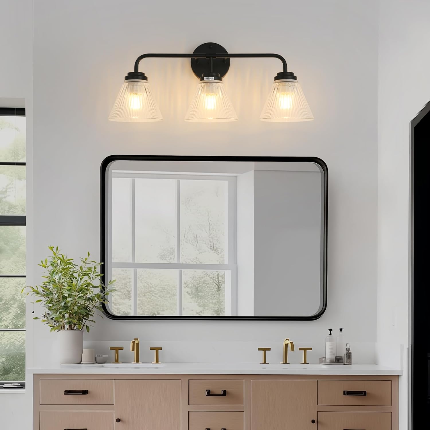 Modern Black Bathroom Vanity Light, 3-Light Wall Sconce with Clear Ribbed Glass Shades, Farmhouse Industrial Light Fixture for Bathroom, Vanity Mirror, Powder Room, Hallway (black, Powder Coated, 3)