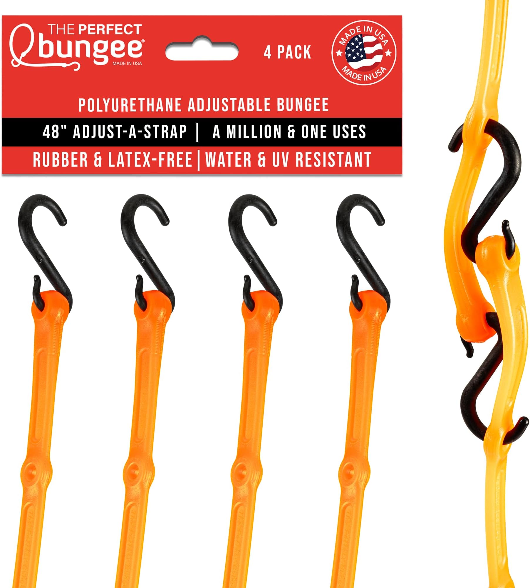 The Perfect Bungee 48” Adjust-A-Strap Rubber-Free Poly Bungee w Reinforced Holes to Adjust Size, Stretches 2X Length, Removable Nylon Hooks, UV Resistant, Heavy-Duty, All-Weather, Made in USA, Orange