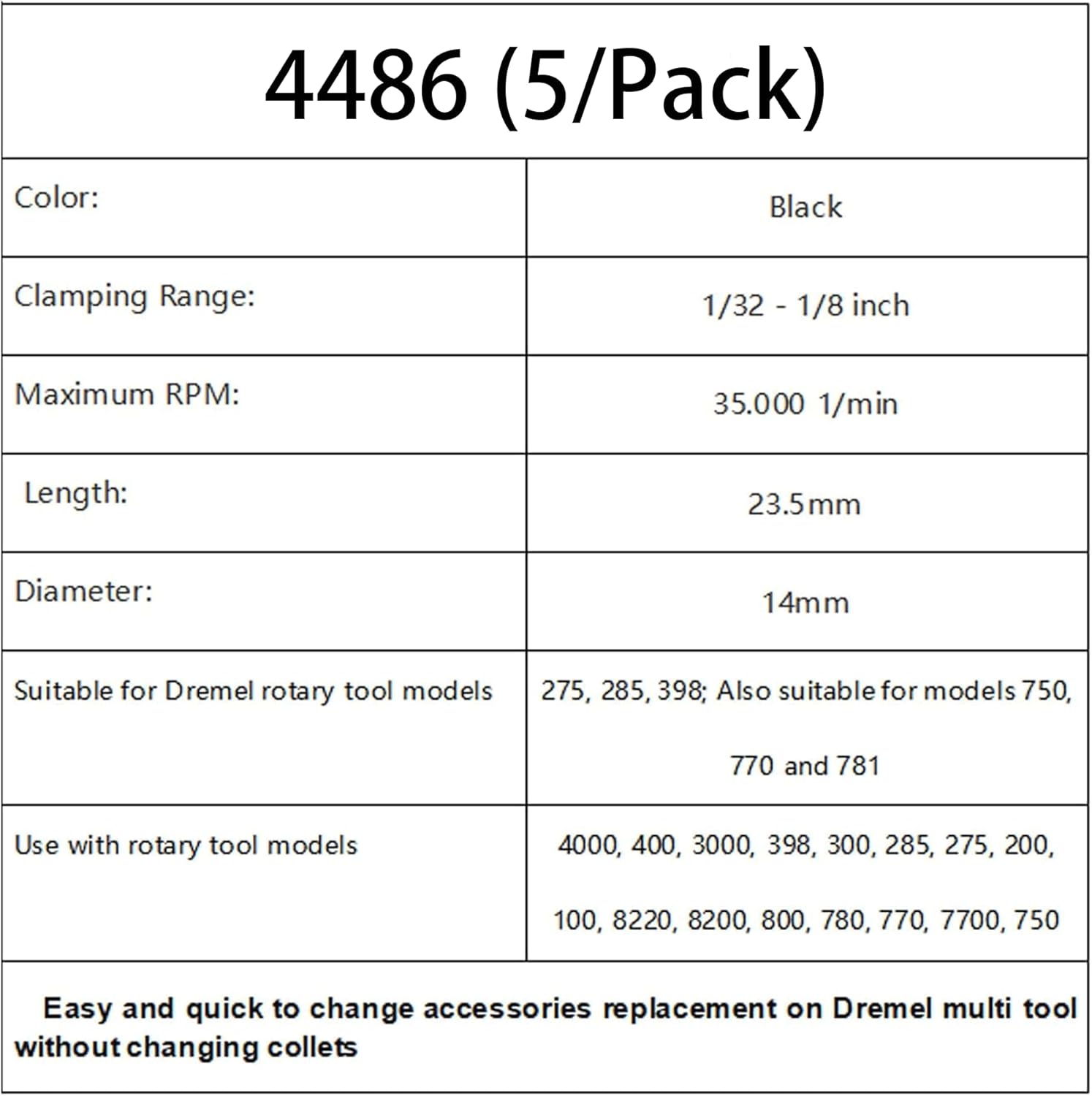 4486 Dremel Chuck Multi Quick Change Keyless Chuck for Dremel Rotary Tools 100 200 275 285 300 398 400 750 770 780 781 800 3000 4000 7700 8200 8220 (5/Pack)