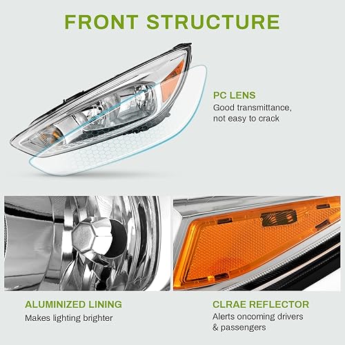 Miniatura 4 de AUTOSAVER88 Conjunto de faros delanteros compatible con Ford Focus 2015-2018, carcasa cromada, reflector ámbar, juego de pares