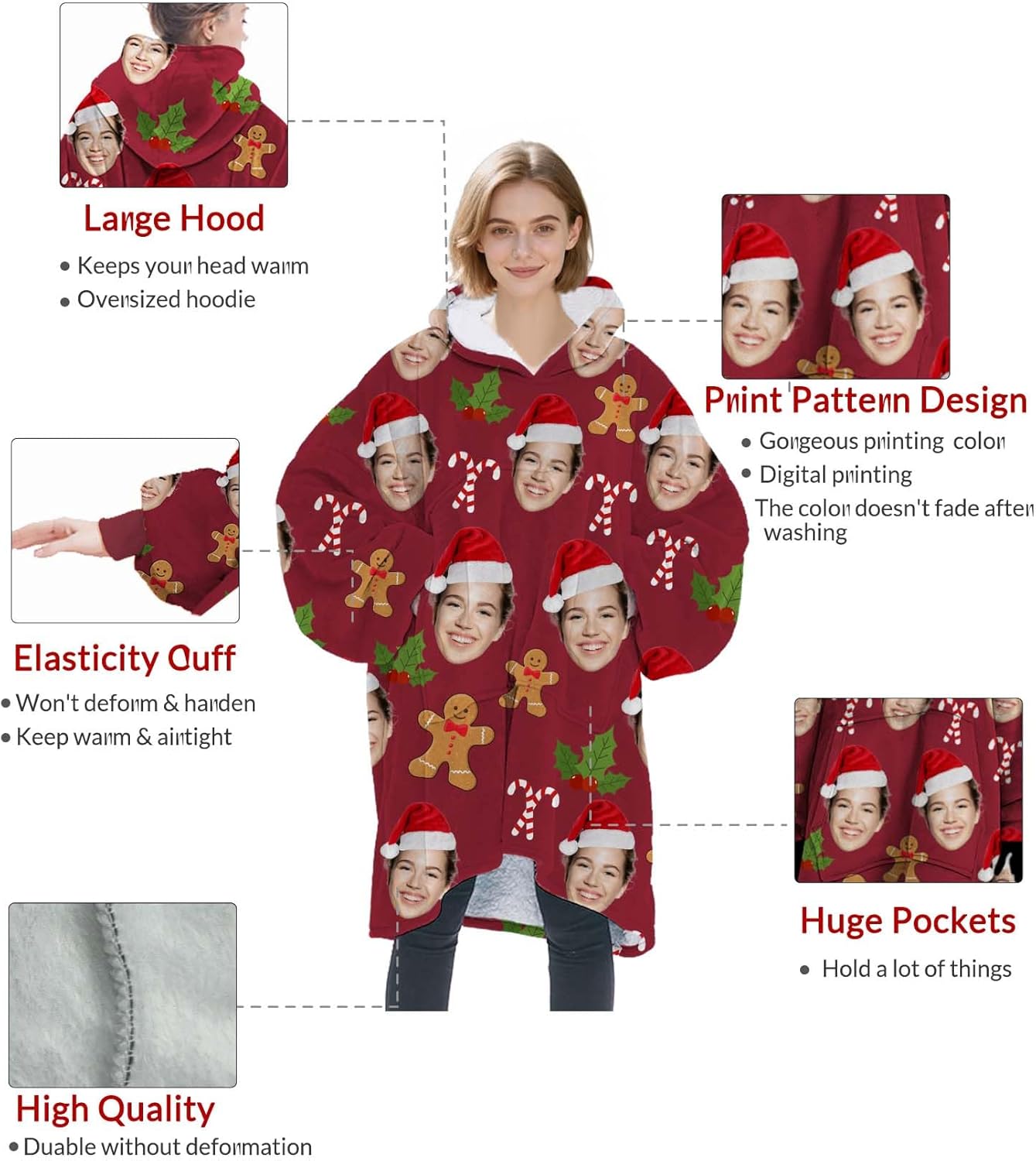 Custom Blanket Hoodie with Photo Wearable Blanket Personalized Comfy Hoodies Customized Gifts for Christmas Women Kids Men - Image 4