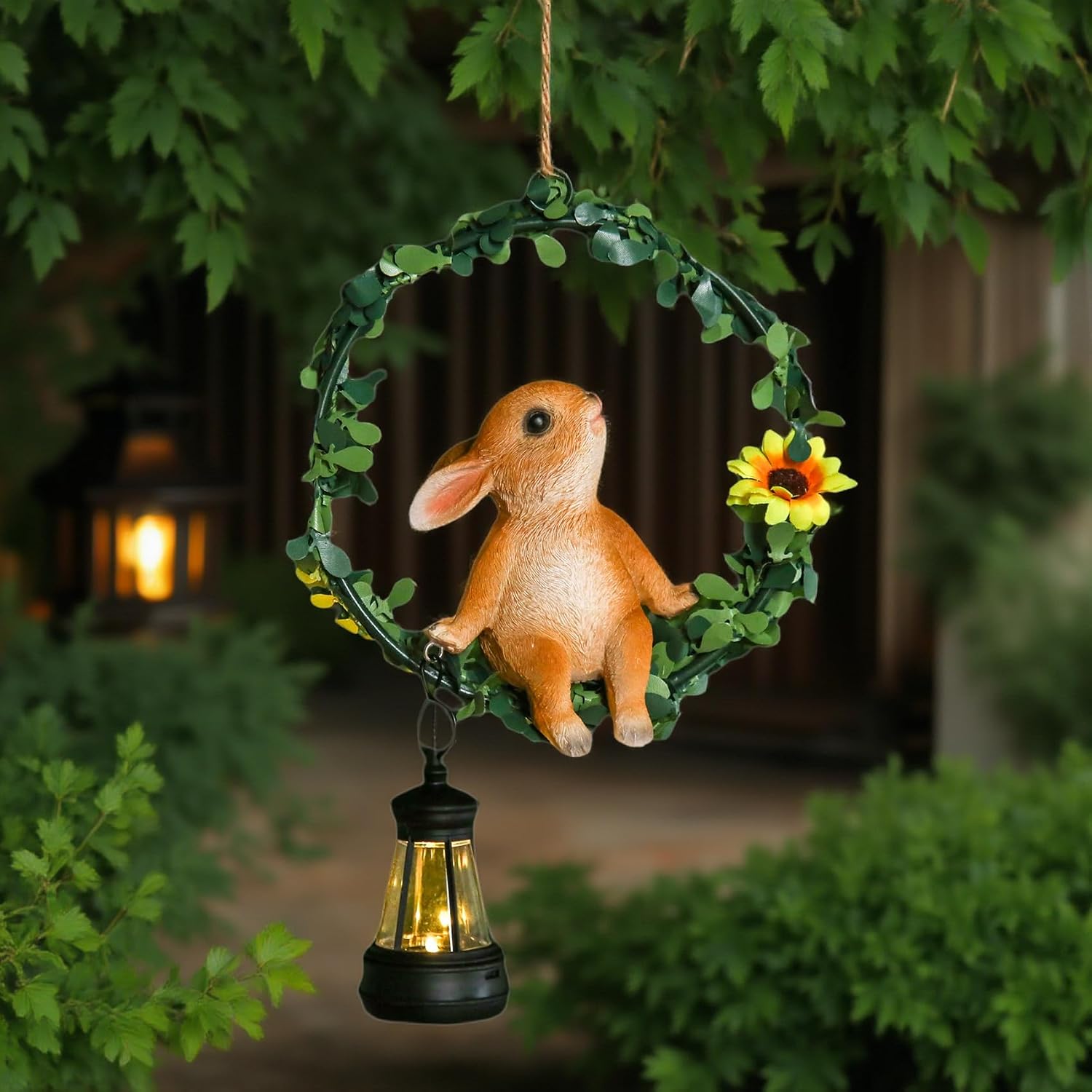 Hanging Garden Lantern with Bunny Decoration, Floral Wreath Design, Solar Light, Outdoor Garden Decor