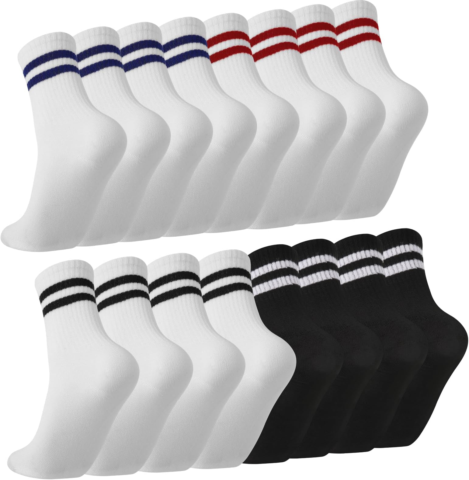 8 Pairs Striped Crew Socks Multipack Sports Running Sock for Men Women Size, Soft Athletic Sock Breathable Black White Grey Socks for Work School Casual Walking