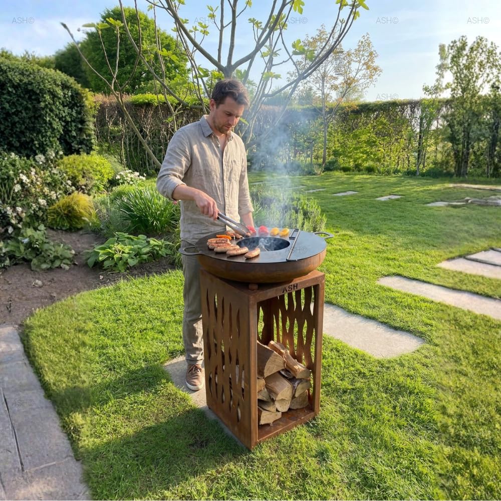 Plancha Acier Corten - BBQ Extérieur - Cheminée de Jardin - Rangement du Bois - Aspect Luxueux