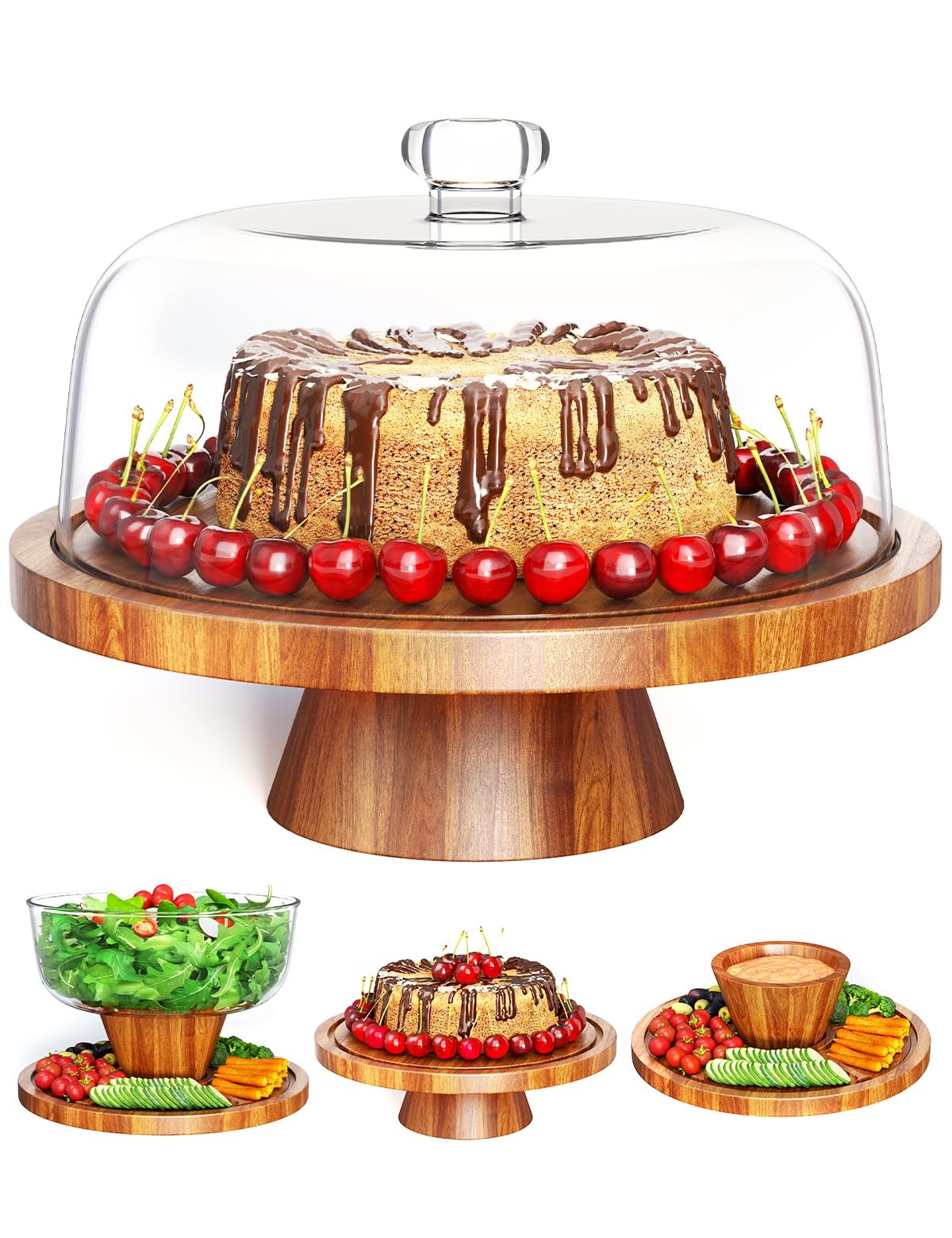 Acacia Wood Cake Stand with Lid, 2 In 1 Cake Stand Charcuterie Board with Lid, 12 In Round Wooden Cake Plate Display with Acrylic Cover Dome, Cake Holder Dish Tray for Party, Wedding, Birthday, Baking
