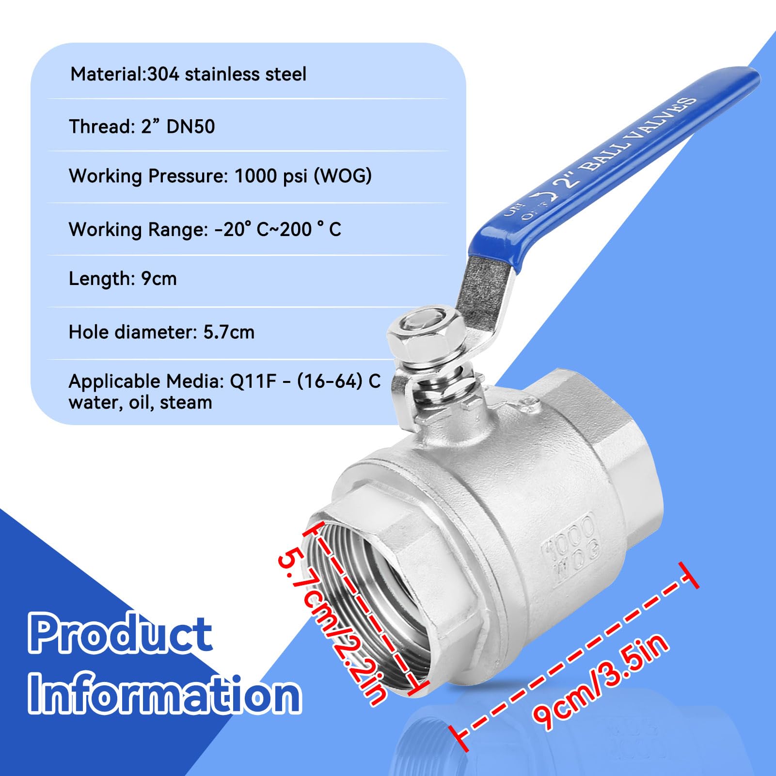 Valvola a Sfera DN50 da 2 ", Valvola a Sfera in Acciaio Inox 304 Filettatura Interna per Uso Industriale, Commerciale, Domestico, Barili Di Acqua Piovana