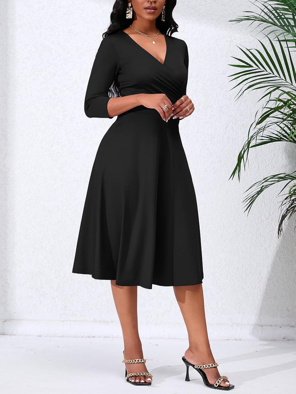 Women's Casual Wrap Flared Midi Dress - A-Line Swing V-Neck 3/4 Sleeve Dress for Wedding Guest & Cocktail Tea Party - Image 2