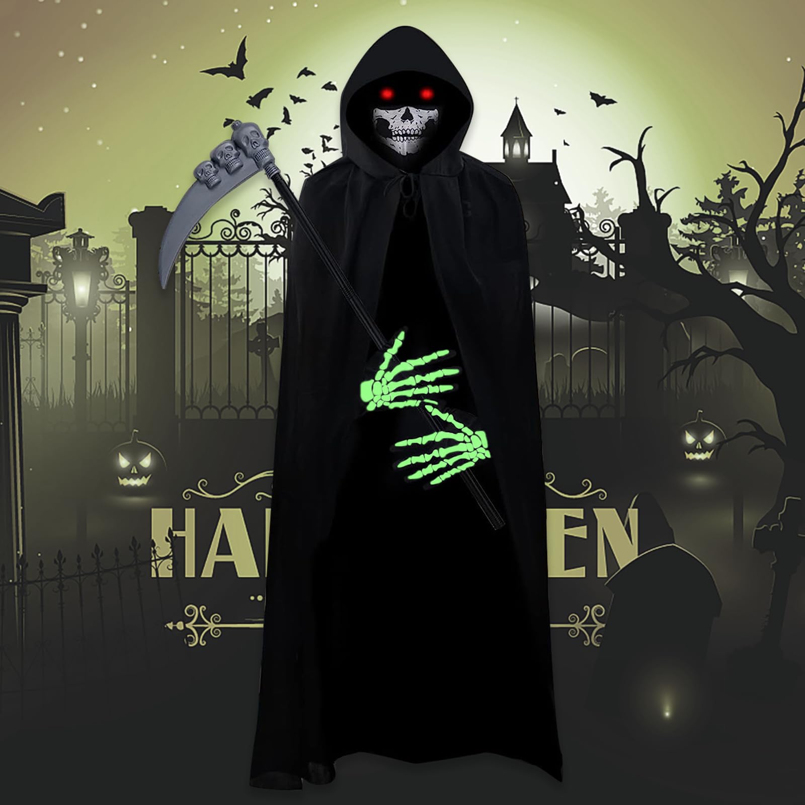 IKIJM Costumi Halloween, Mantello con cappuccio del Mietitore + Falce+Maschera Teschio+Guanti Scheletro, Adulto Costume di Halloween Capo Masquerade Halloween Fantasma Up Party
