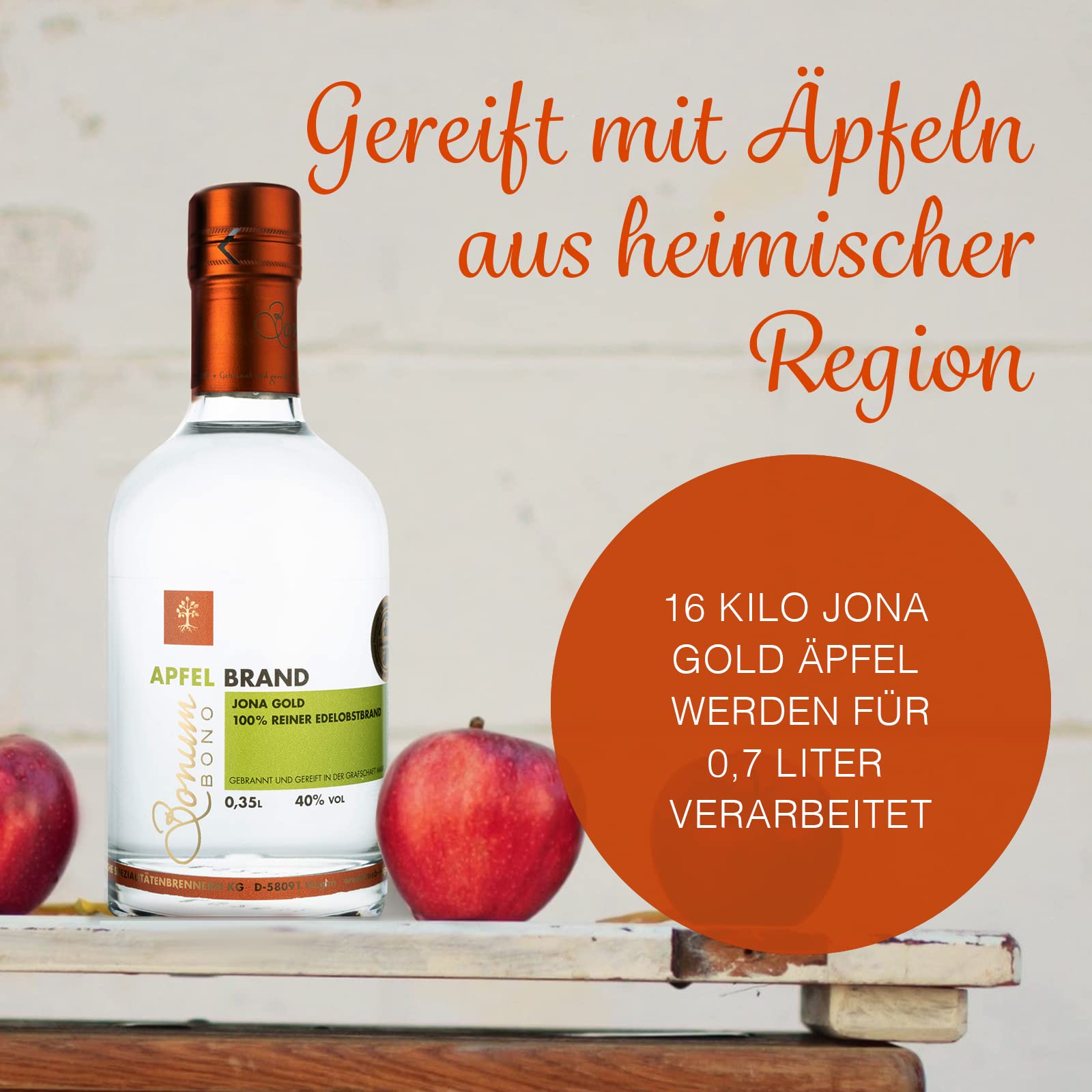 BONUM BONO Apfelbrand Jona Gold 1 x 0,35L | 40% vol. Alkohol | 100% reiner Edelobstbrand | süß-säucherliches Aroma von Äpfeln | deutscher Apfel Obstbrand | hochwertiger Edelbrand | Obstbrand Apfel