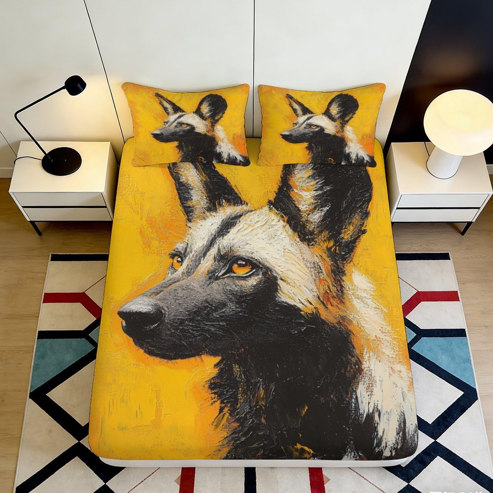 3D Printed African Wild Dog Fitted Sheet Microfiber Deep Pocket Non-Slip Bedroom Mattress Fitted Cover for Adult Teen 200x200x25cm