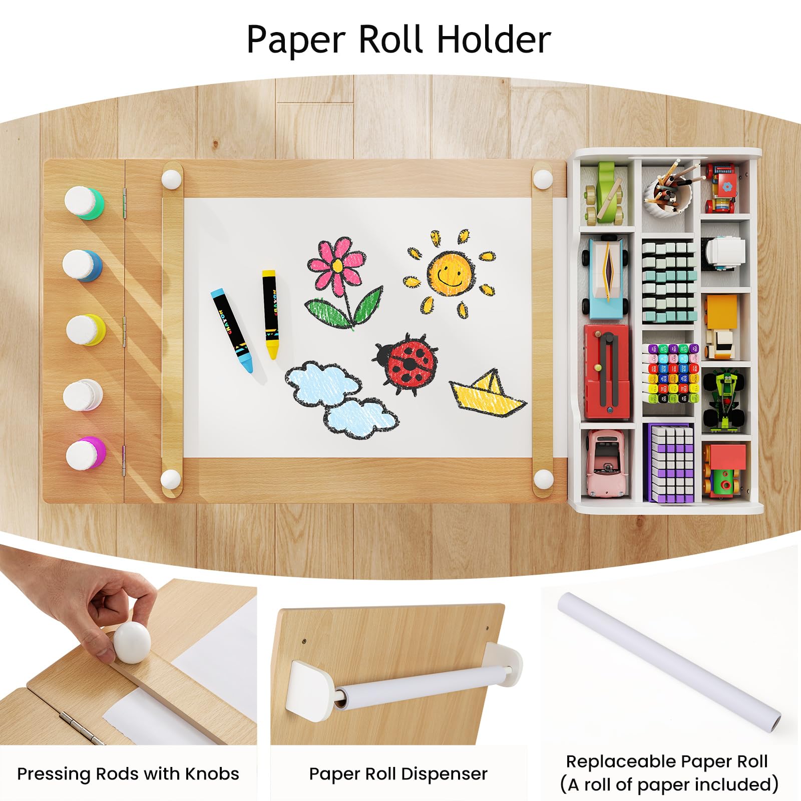 LIFEZEAL Tavolino Bambini, in Legno, con Sedia, Lavagna, Cavalletto, Scaffale per Giocattoli, Libreria, Porta Rotolo di Carta, Tavolo Bambini da Cameretta, Set per Bimbi 3+Anni, Naturale
