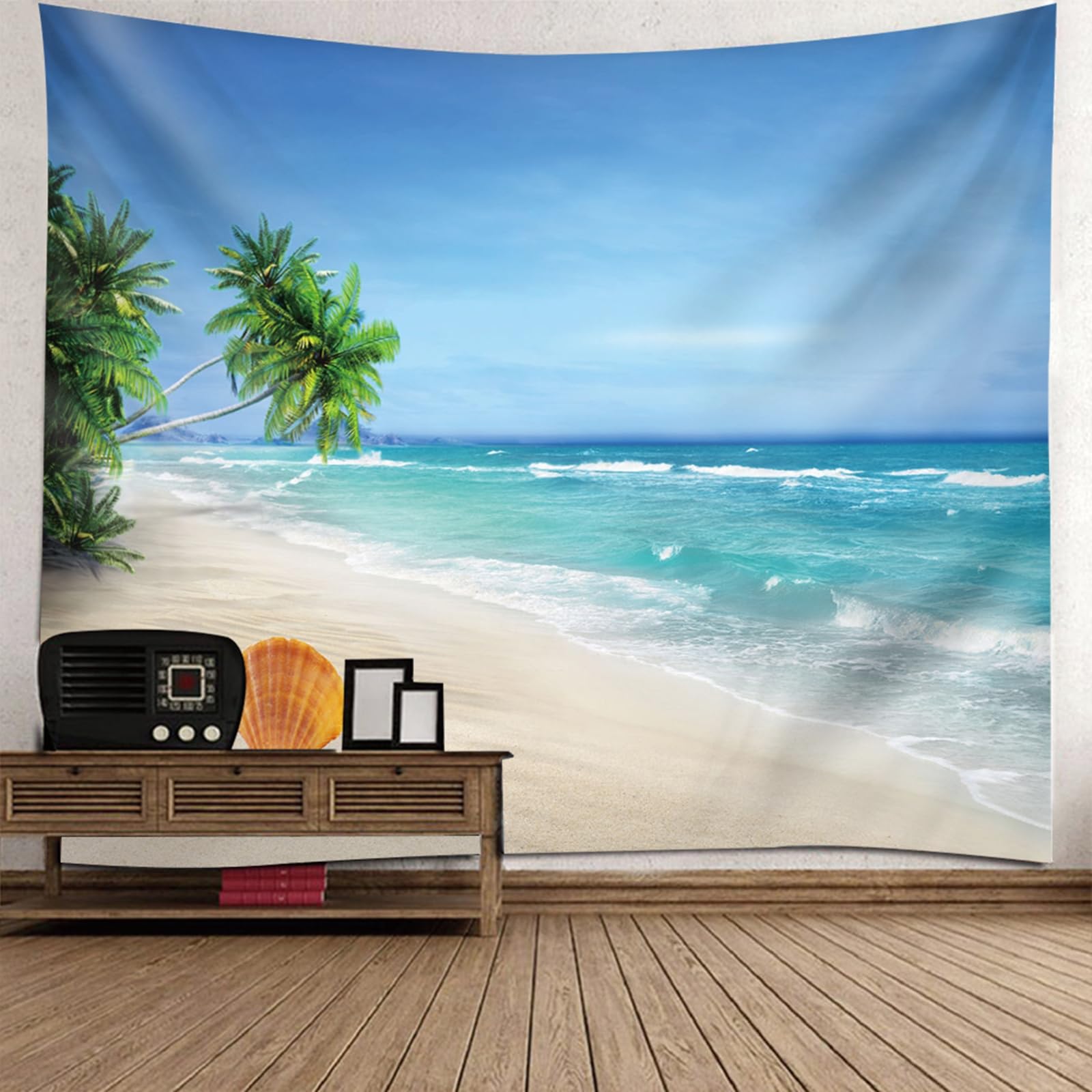 Tapiz de pared decorativo de 150 x 150 cm con paisaje de playa y cocoteros 6