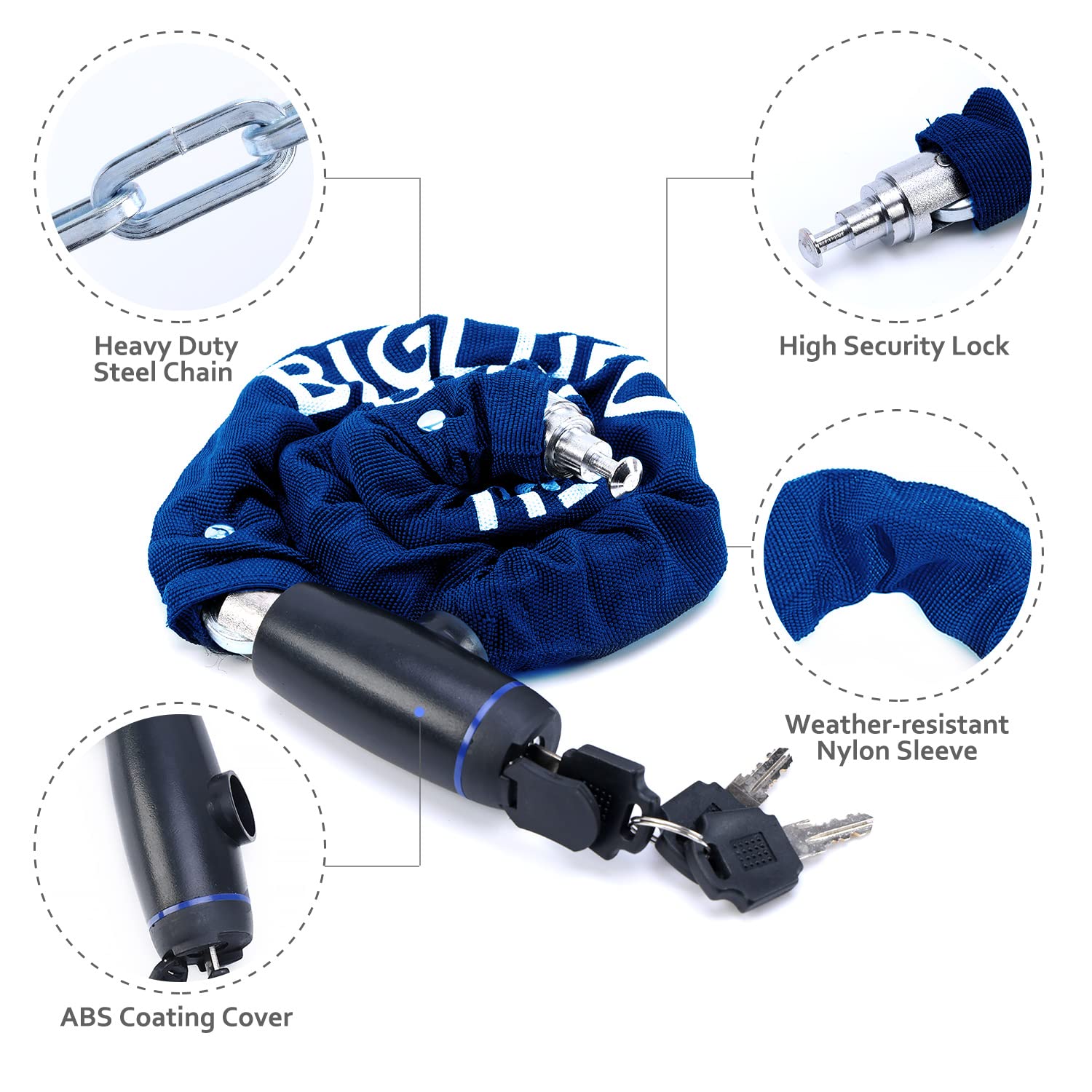 Lucchetto bici Catena Bicicletta, catena di sicurezza da 3ft, lucchetto a catena per impieghi gravosi con 2 chiavi,spessore 0,34 pollici, 2,8 libbre,per bici,moto,recinzione,scooter (Blu)