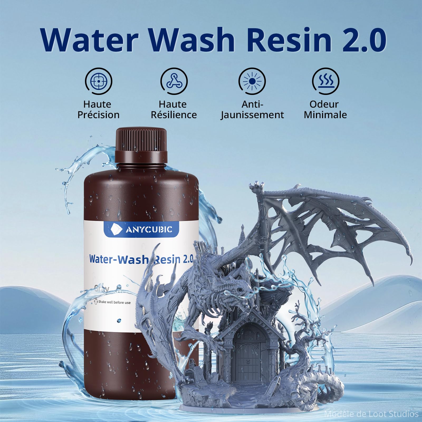 ANYCUBIC Résine Water-Wash 2.0, Résine Imprimante 3D 4K/8K/12K, Haute Précision et Grande Résilience, Résine Lavable à l'Eau pour LCD DLP l'Impression 3D, Clair 1KG