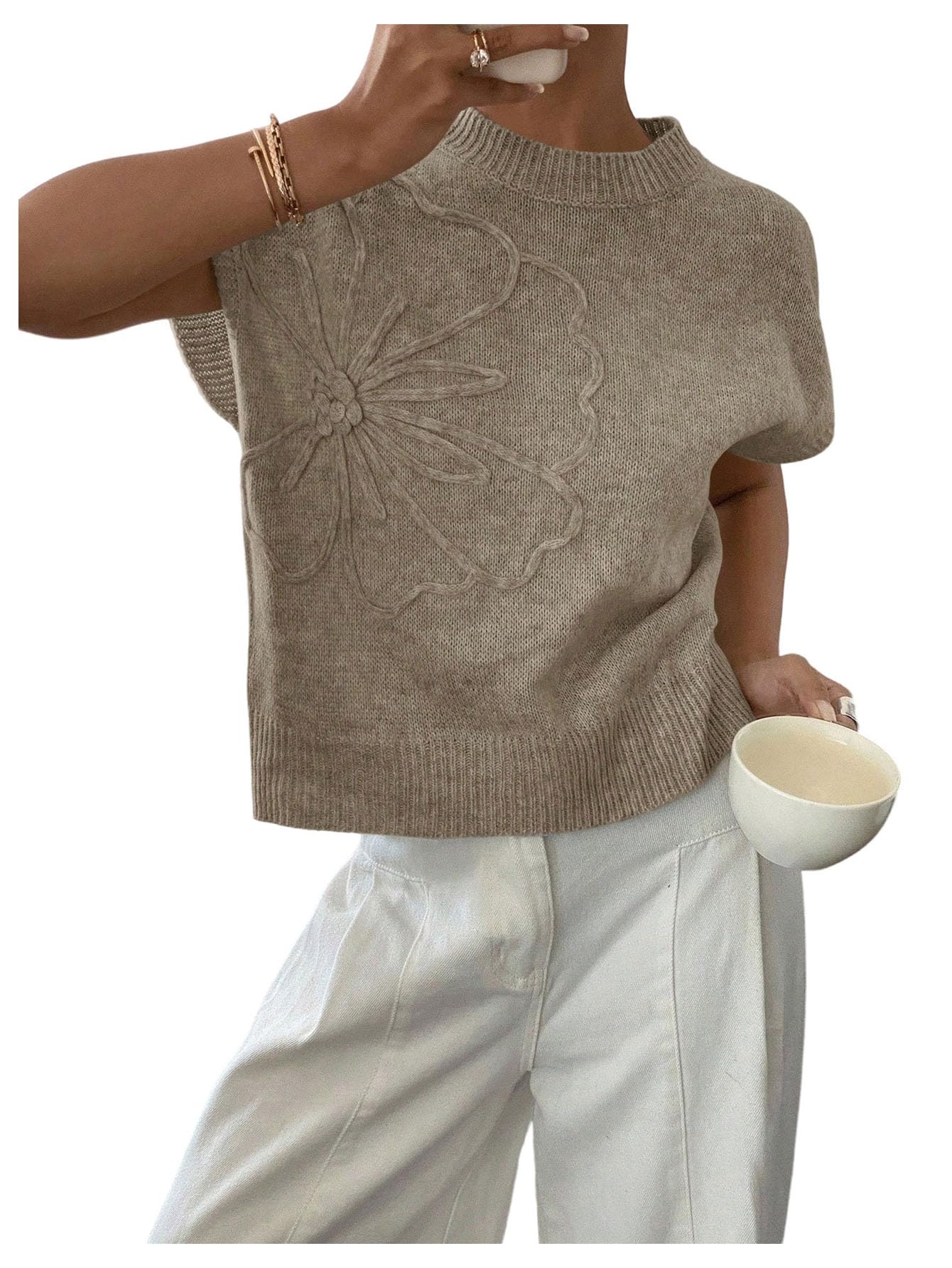 SOLY HUX Womens Short Sleeve Sweater 3D Floral Sweaters Pullover Tank Tops Knit Vest Trendy Fashion Clothing Light
