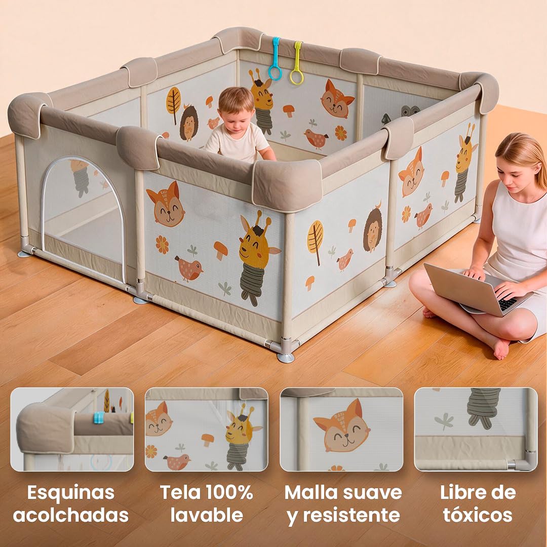 Parc pour bébé de la forêt 150 x 180 cm - Parc bébé avec maille respirante et tapis rembourré + 60 boules - enclos pliable antidérapant (120 x 120 cm, forêt)
