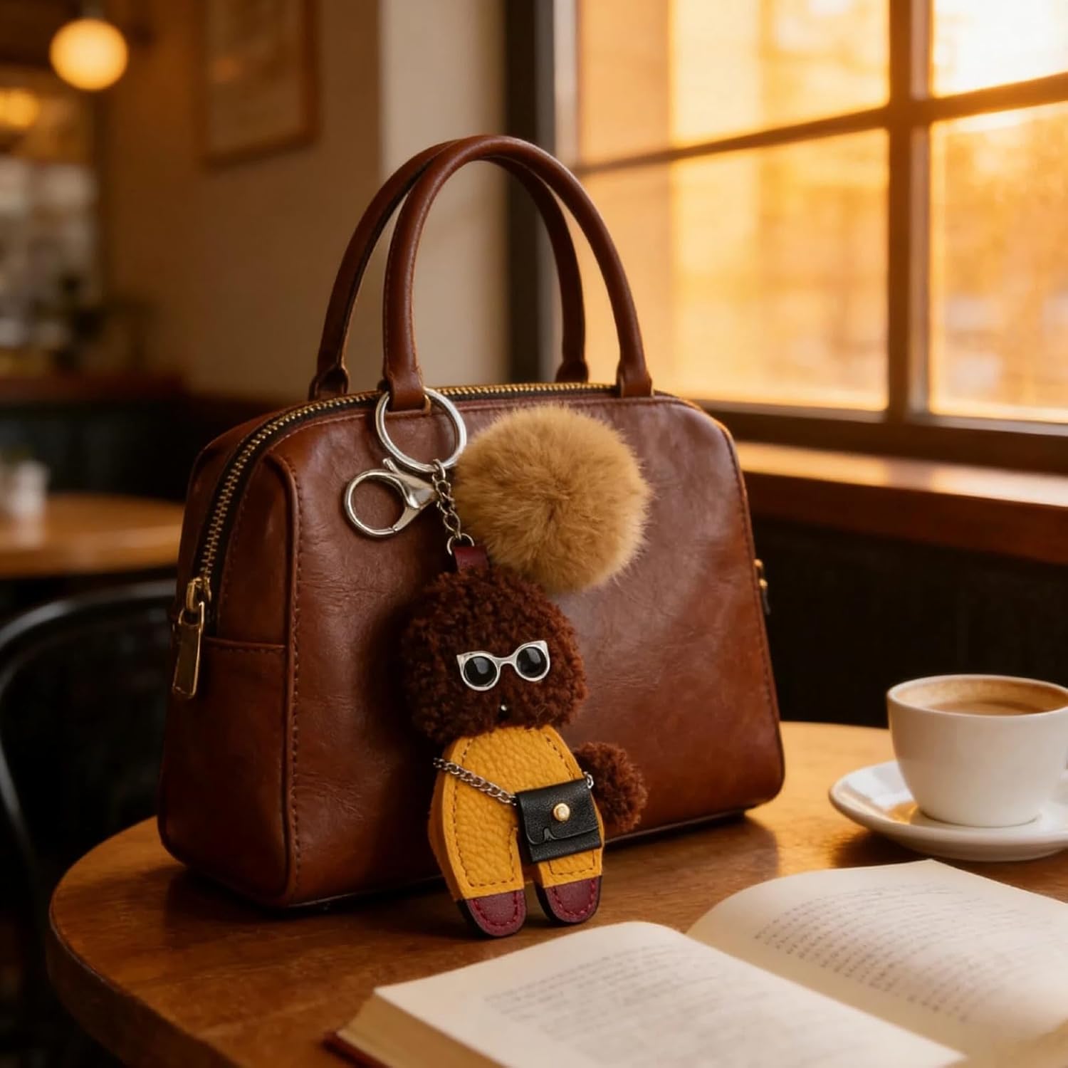 Teddy Dog Keychain with Pom Pom - Leather Plush Bag Charms Keyring Pendant for Handbags Backpacks Car Keys - Image 7