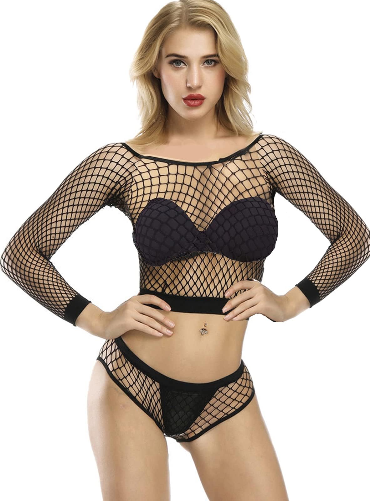 Women's Fishnet Long Sleeve Cami Crop Top+Brief 2Pcs Lingerie Set Bodysuit Black
