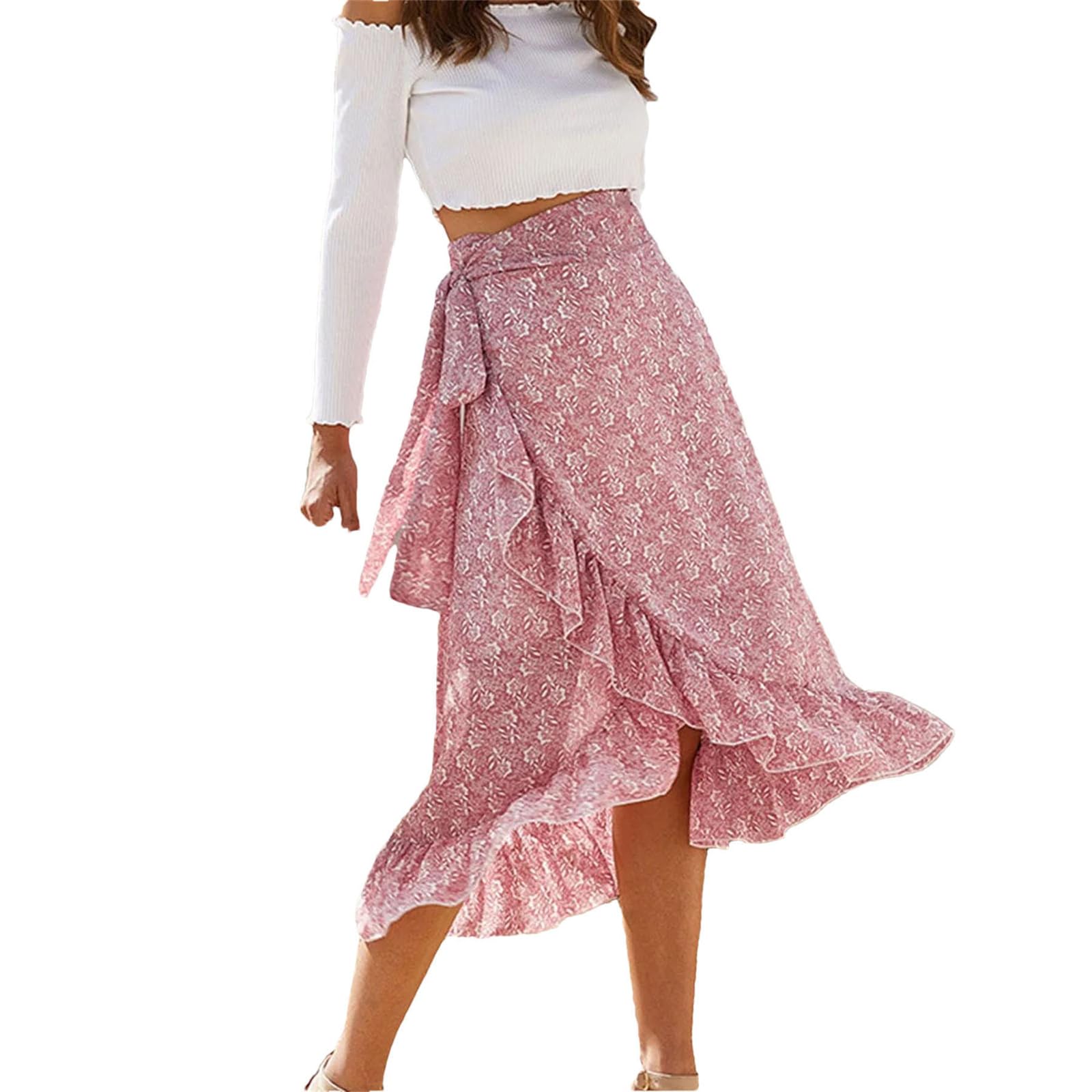 Womens Lightweight High Waisted Floral Wrap Skirt with Slit Belt Asymmetrical Ruffle A Line Midi Skirt Beach Wear