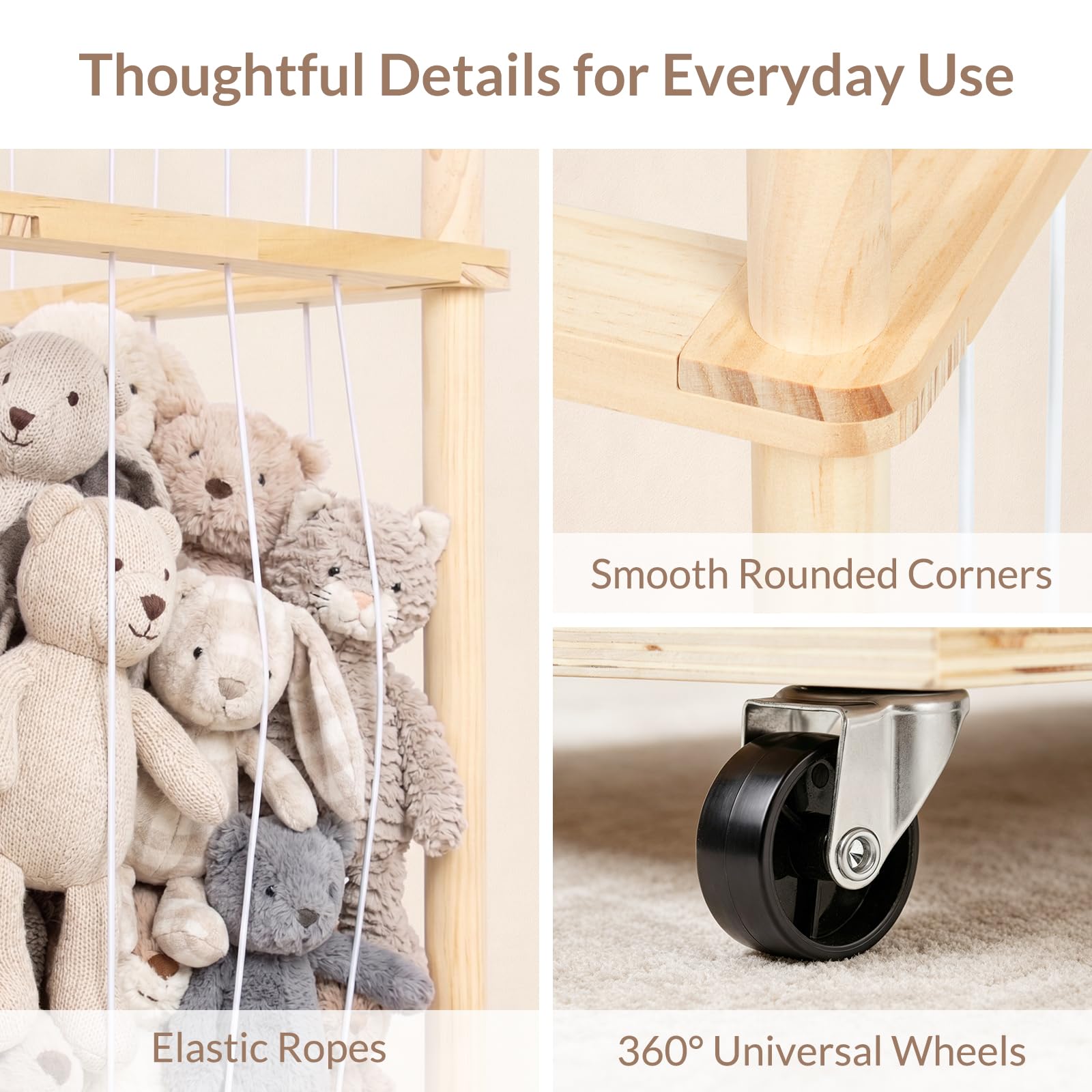 Todeco Organizador Peluches 164x32x58 cm 3 Niveles con Ruedas 360° | Espacio Extra, De Madera, Ahorro de Espacio para Dormitorio y Sala de Juegos