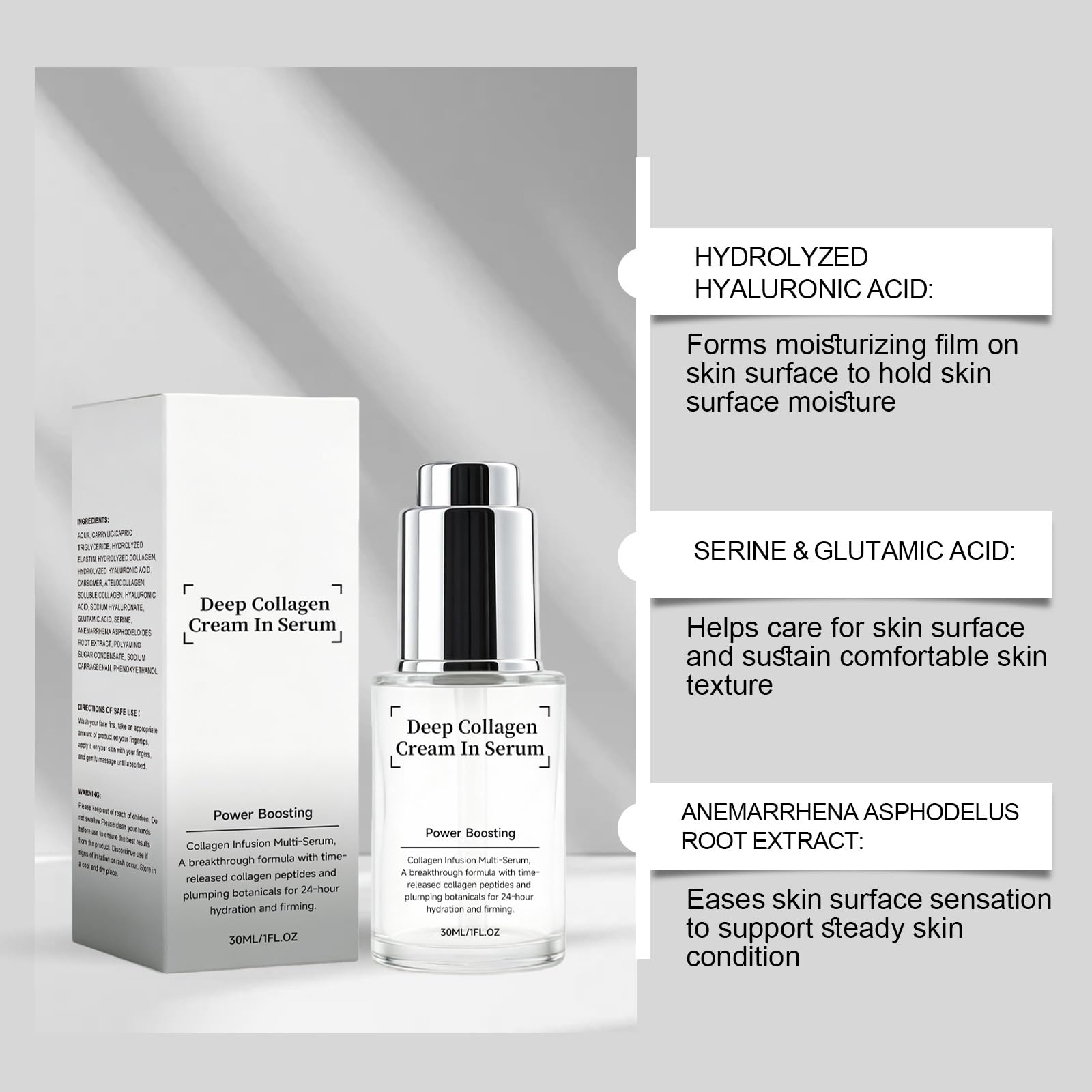 collagene marino acido ialuronico siero idratante viso 30ml | Idratante, rassodante e riparatore, adatto a tutti i tipi di pelle, per l'uso mattina e sera.