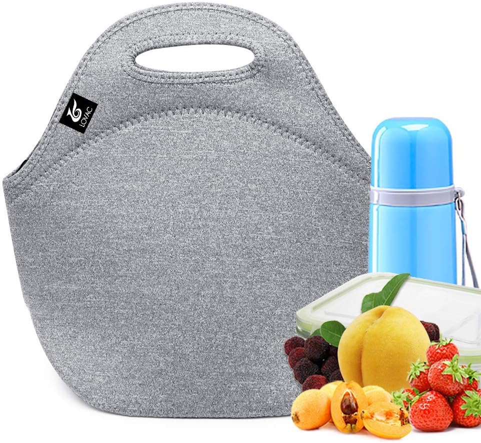 Neoprene Lunch Bag,LOVAC Thick Insulated - Durable & Waterproof Lunch Tote With Zipper For Outdoor Travel Work School (Cool Gray)