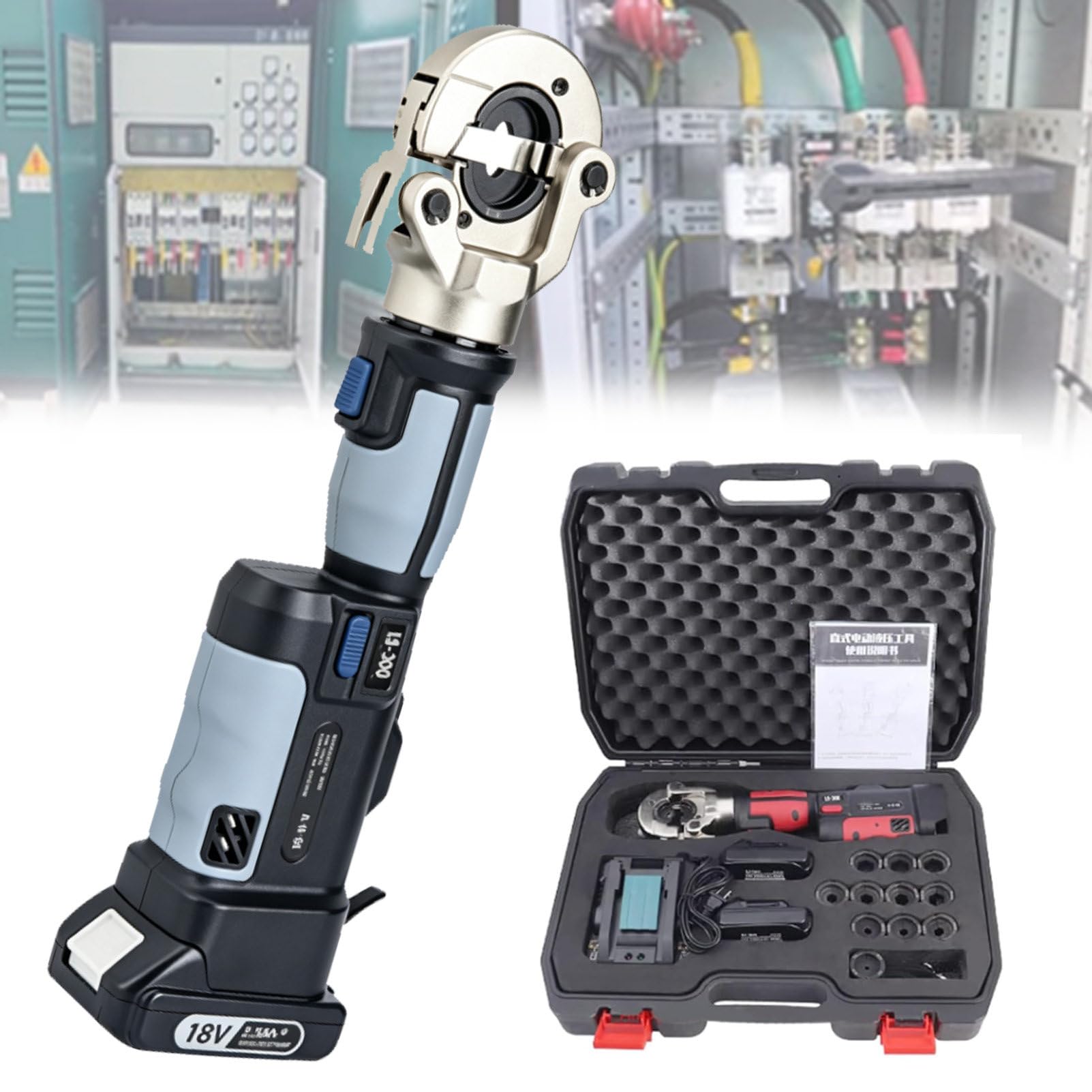 Pvxa Electric Hydraulic Cable Lug Crimping Tool Kit, High Performance Cable Terminal Crimper, with 12 Pairs of Dies, for Electrical Terminals & Wires 16-300Mm² Range Grey